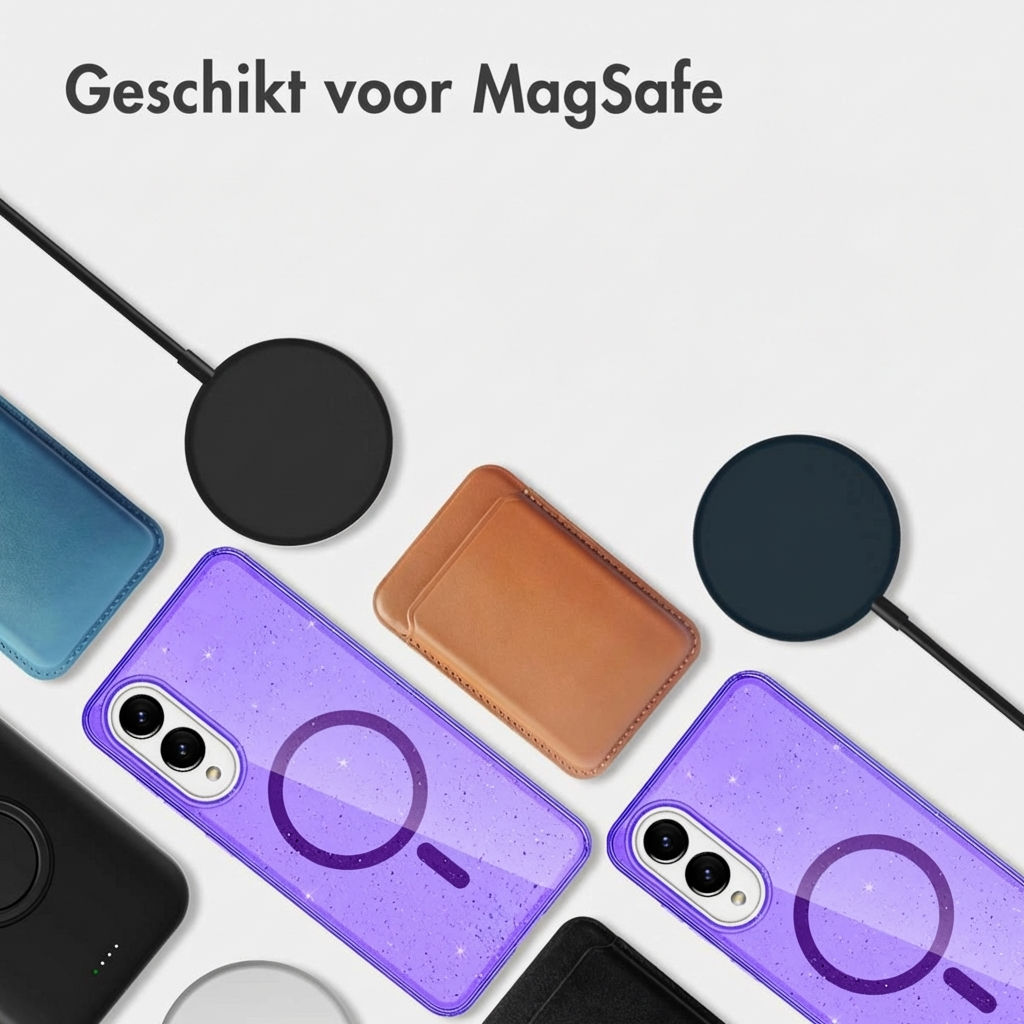 Coques violettes MagSafe et portefeuilles marron sur fond blanc.