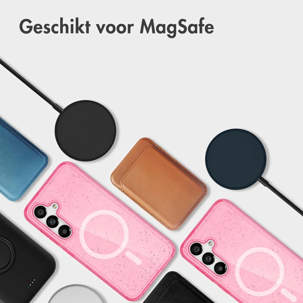 Plusieurs coques et chargeurs compatibles MagSafe sur fond blanc.