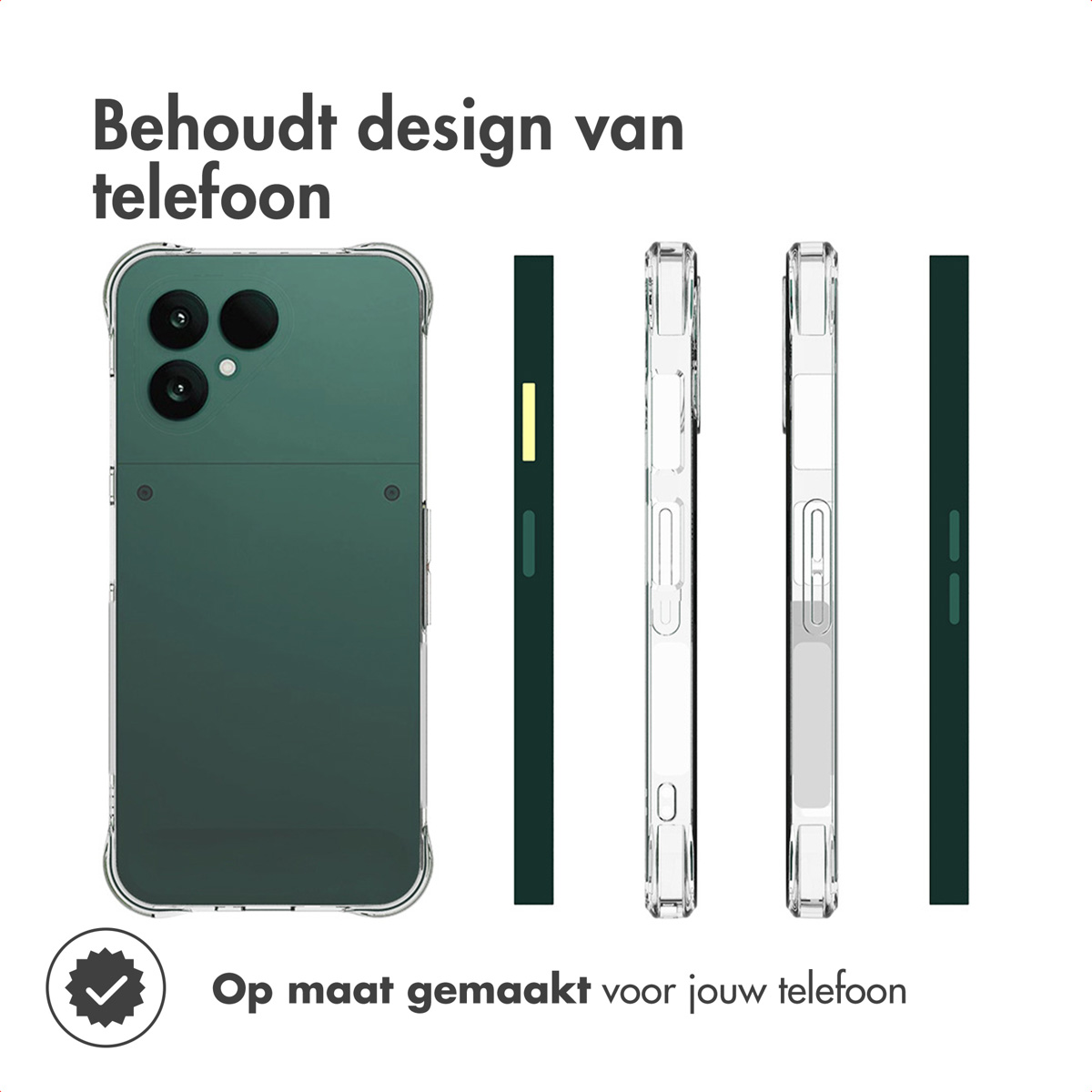 Coque de téléphone transparente, montrant les vues arrière et latérales.