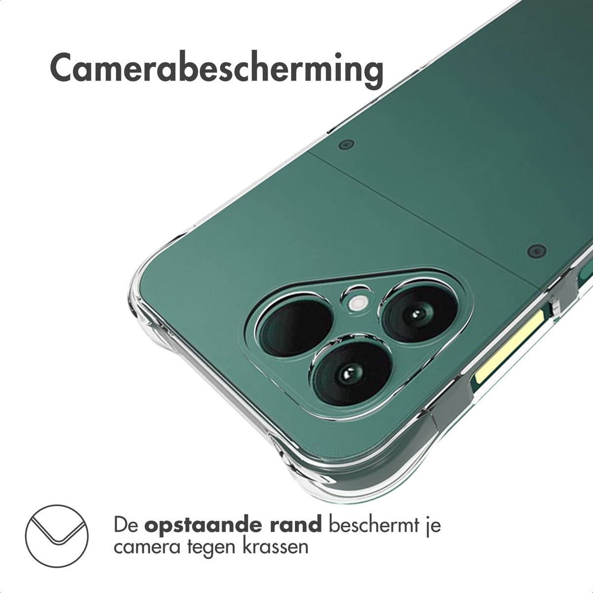 Coque de téléphone verte avec protection caméra. Bord surélevé protège la caméra.