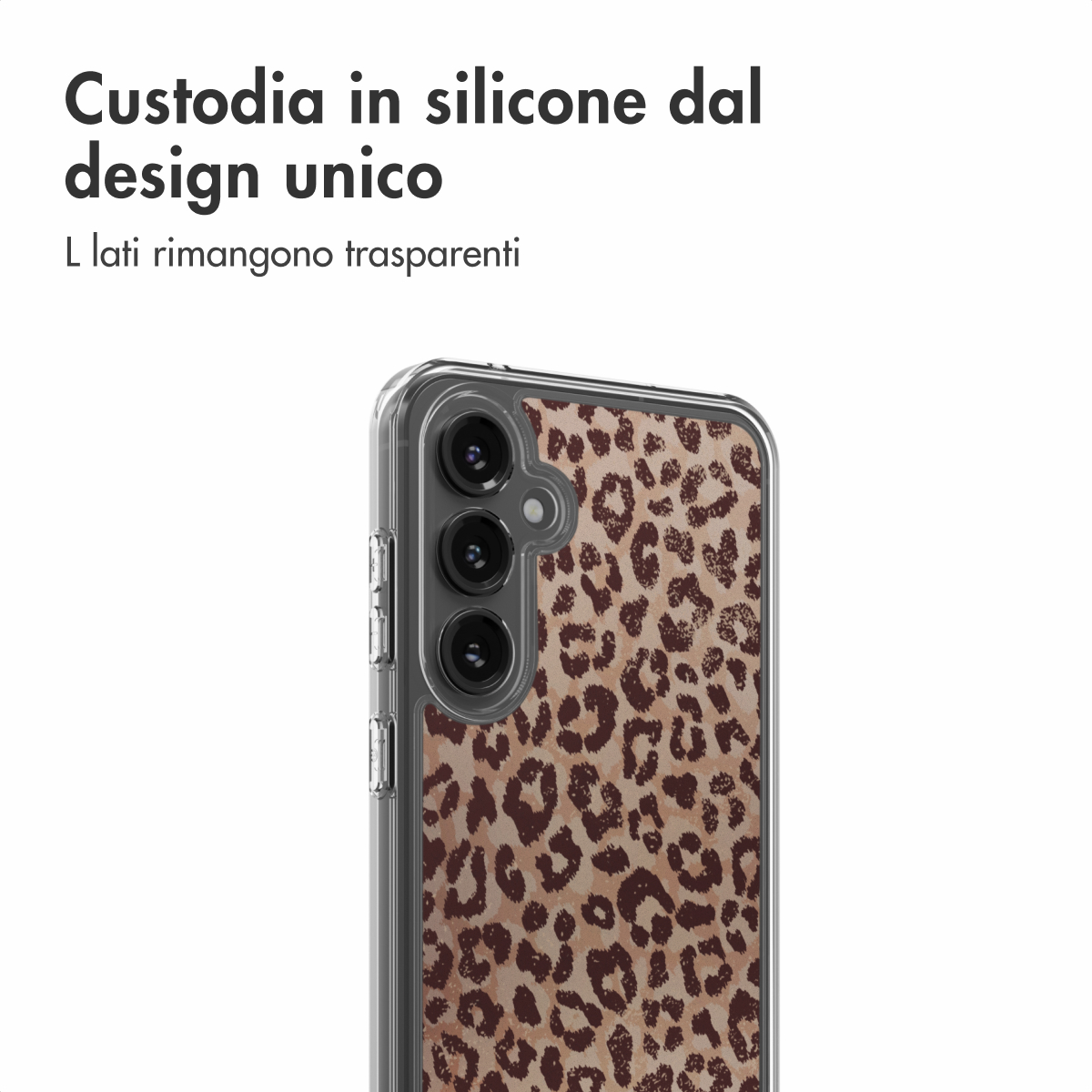 Coque de téléphone transparente avec imprimé léopard et trois caméras.