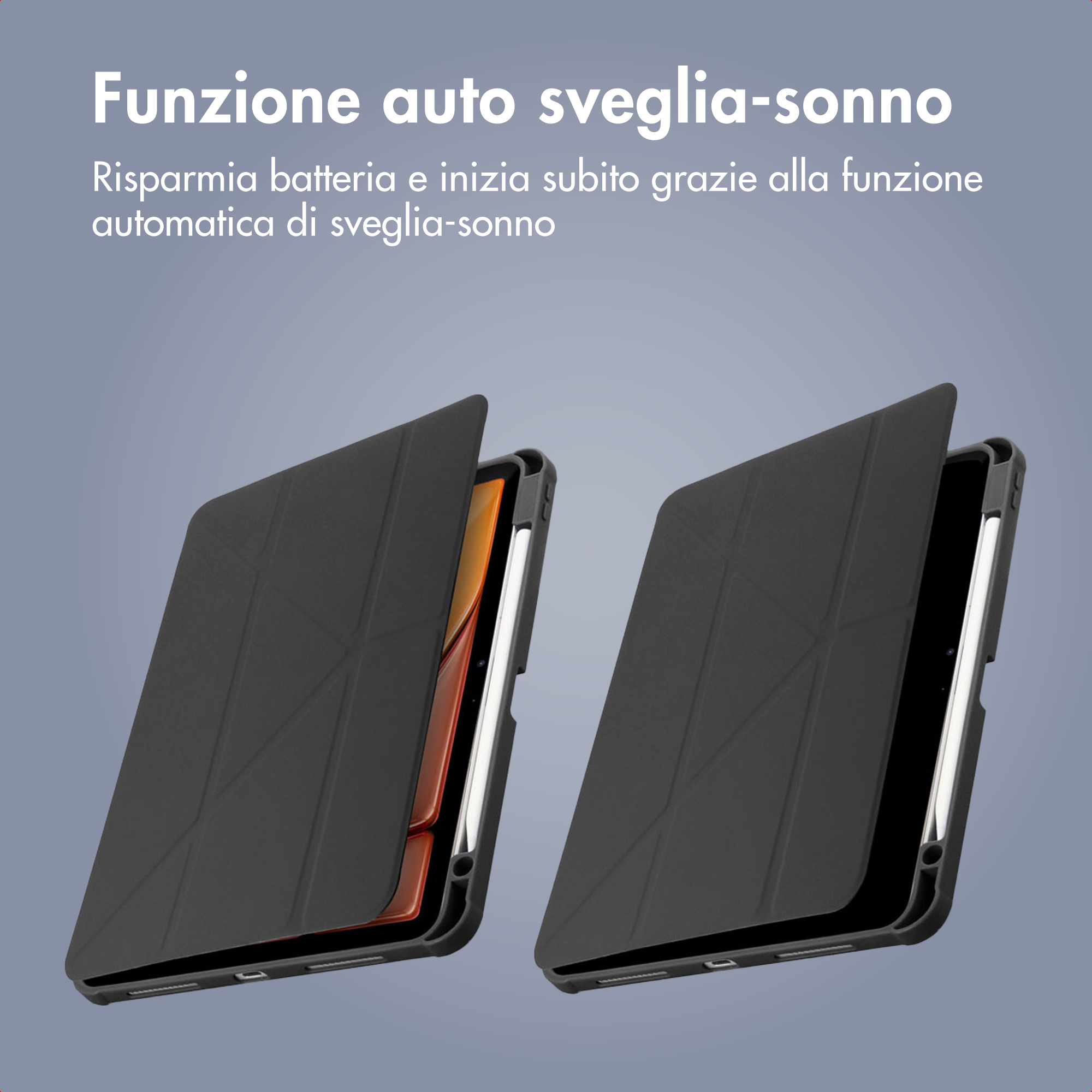 Two black tablet covers with open lids, showing devices.
