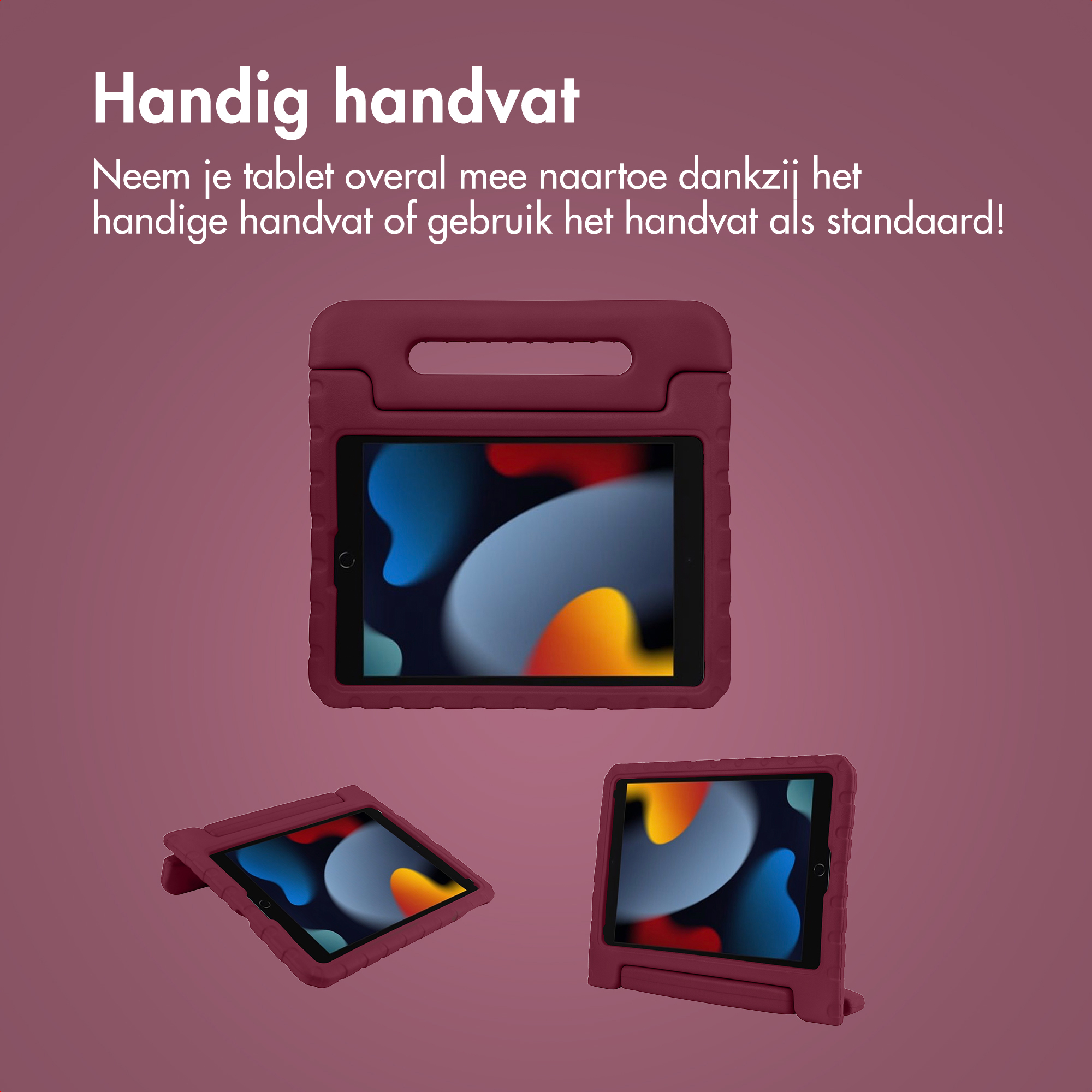 Bordeaux tablethoes met handvat en standaard, toont tabletscherm.