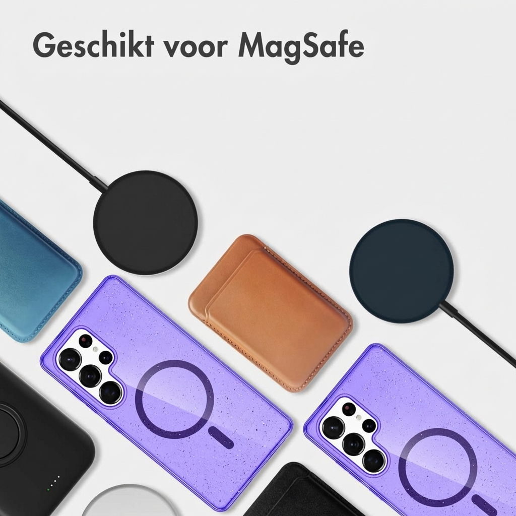 Paarse en blauwe telefoonhoesjes met MagSafe-laders en bruine kaarthouder.