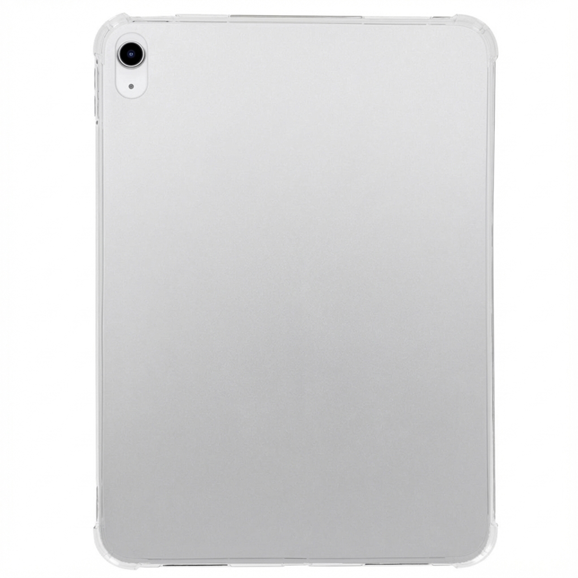 Back of a silver tablet in a clear case with a camera lens at the top left.