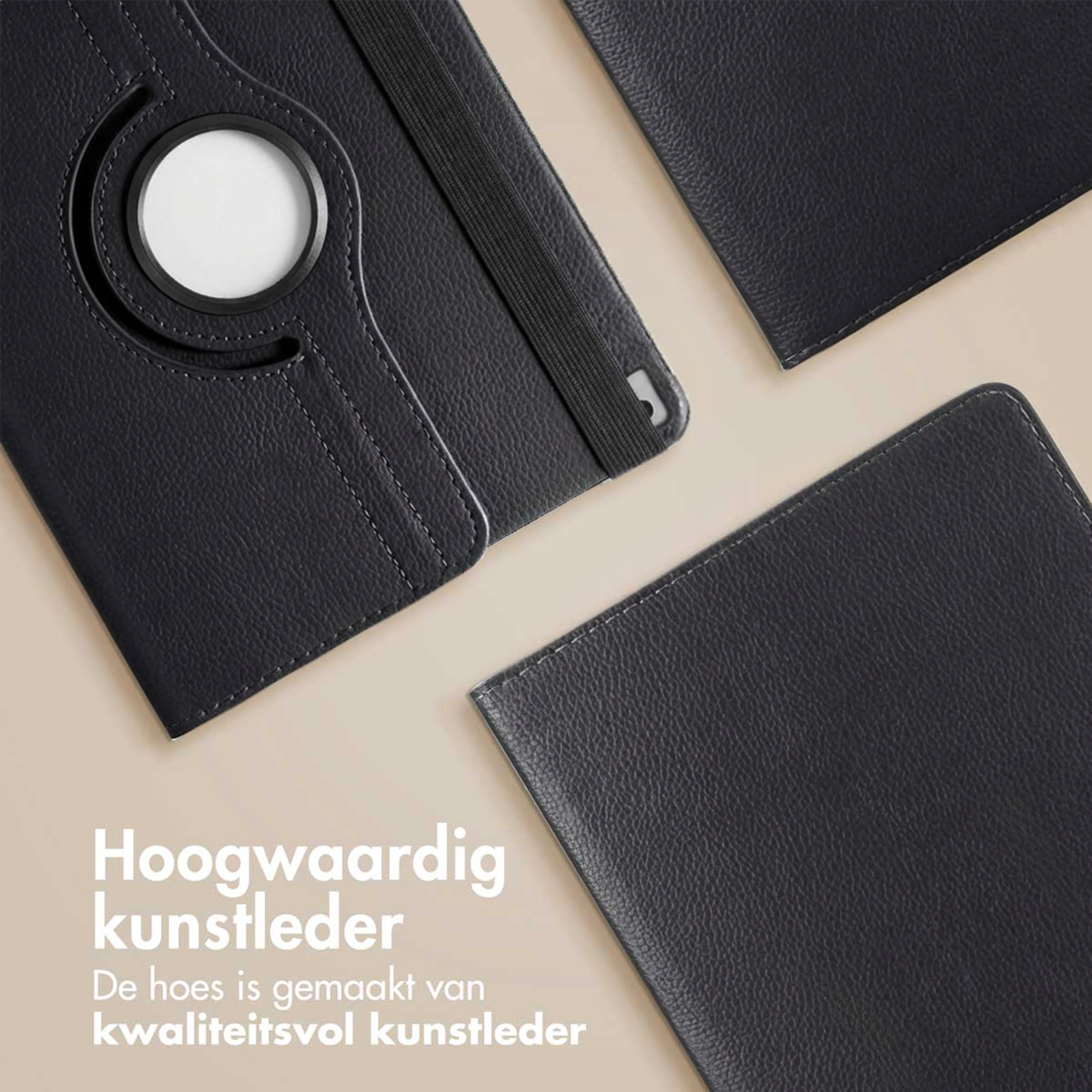 Black faux leather case with elastic band and circular camera cutout.