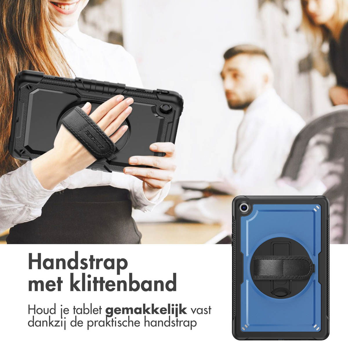 Black tablet case with hand strap, held by a woman. Blue case next to it.