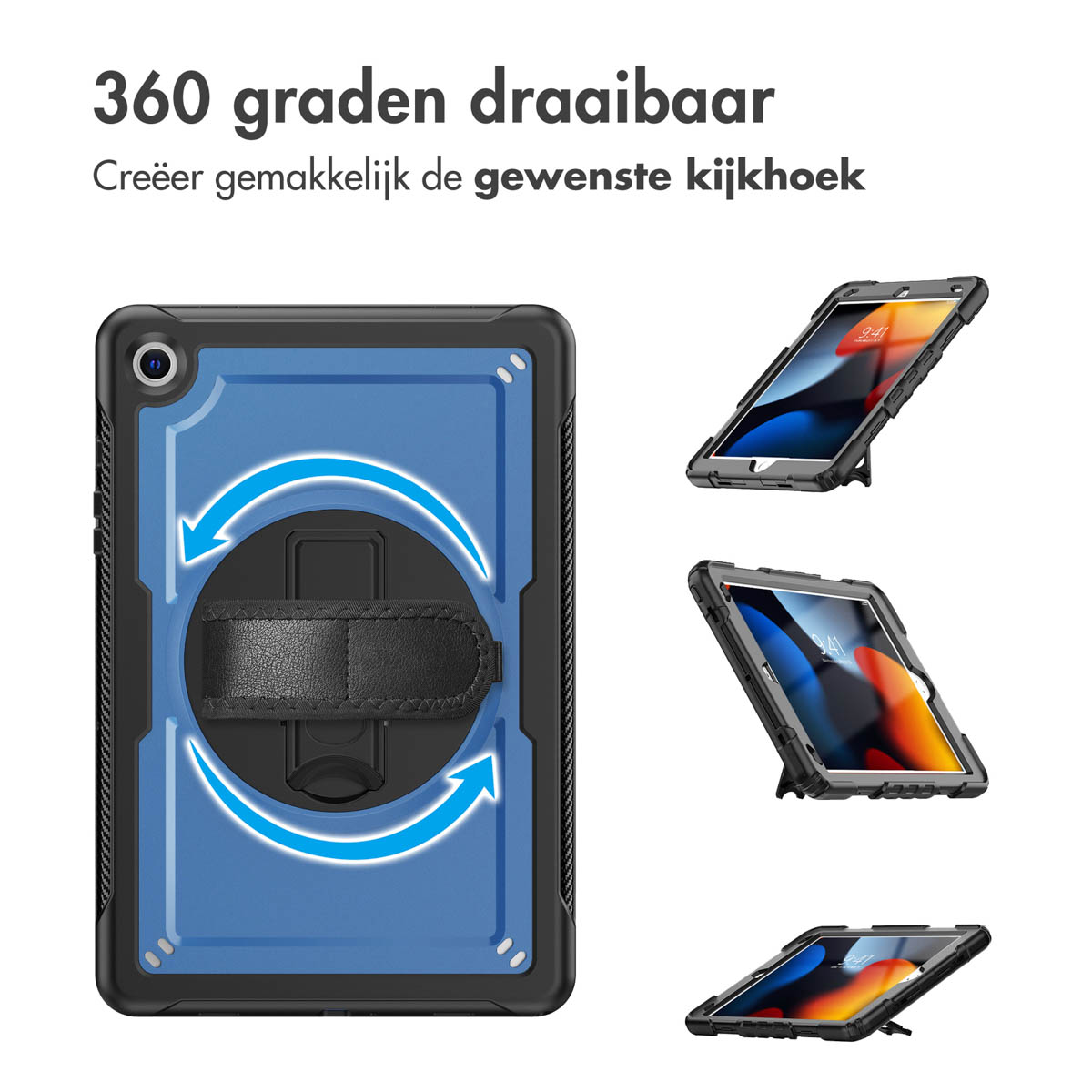 Tablet case with a rotating handle and stand in multiple positions.