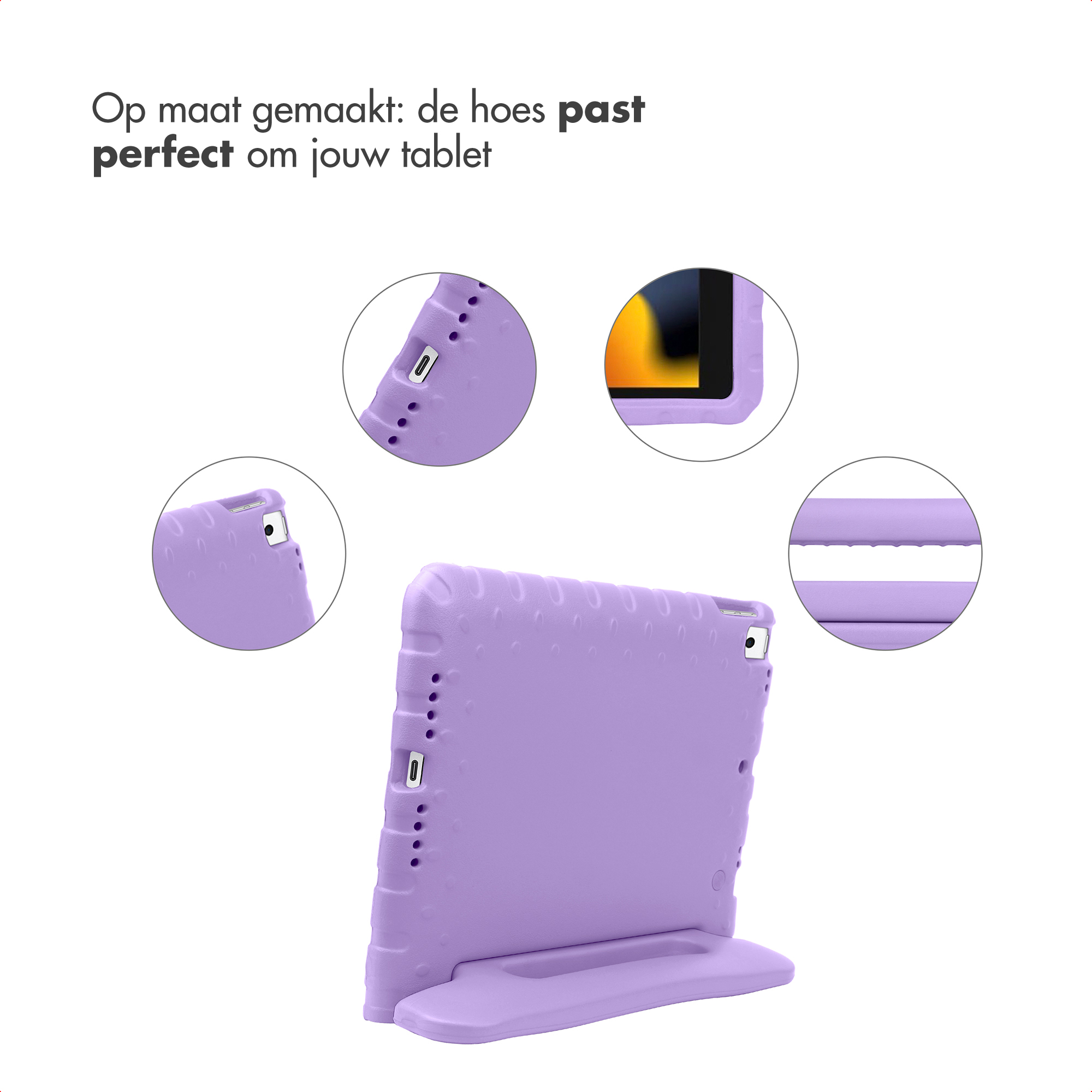 Étui violet pour tablette avec support, montrant des gros plans de ports et d'écran.