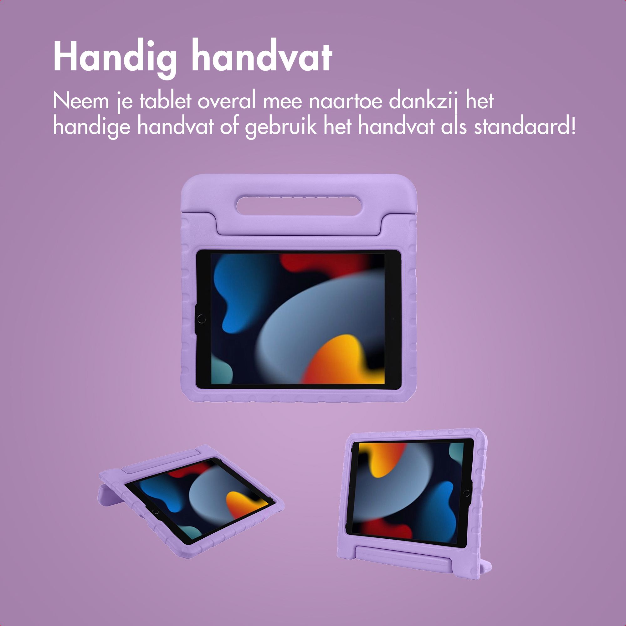 Étui violet pour tablette avec poignée et support. Trois vues présentées.