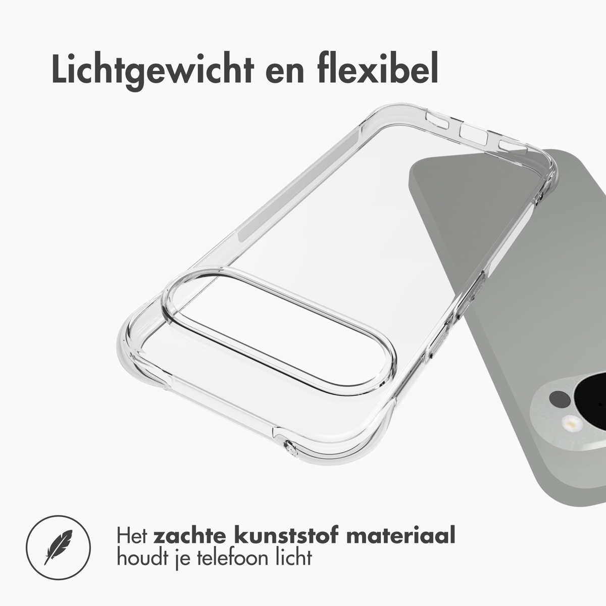 Custodia trasparente per telefono su un telefono grigio. Leggera e flessibile.