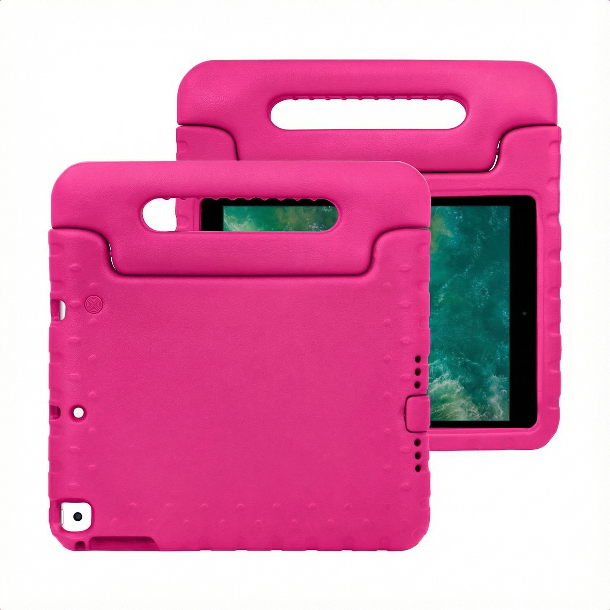 Twee roze tablet hoesjes met handgrepen op witte achtergrond.