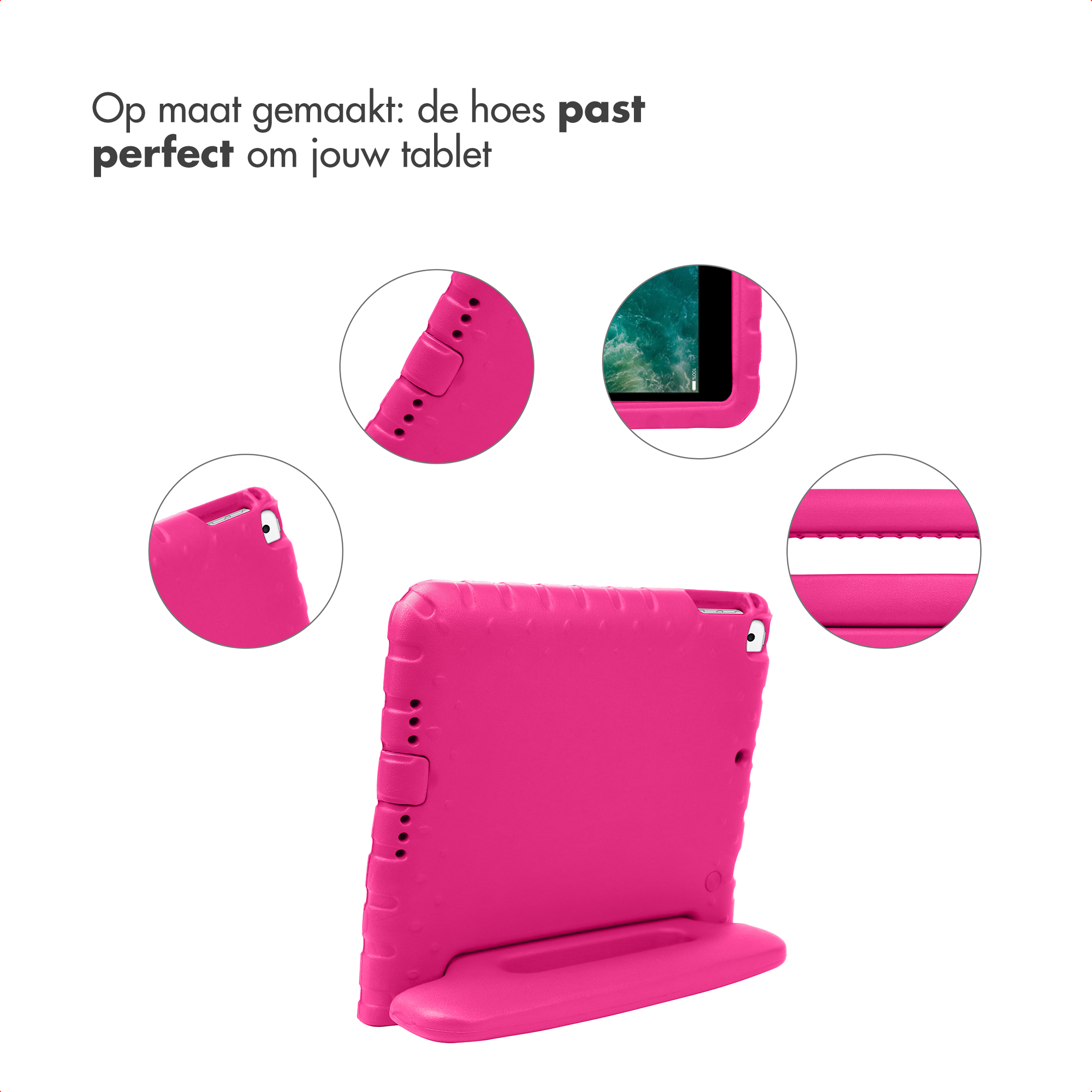 Een roze tablethoes met standaard en uitsparingen voor poorten.