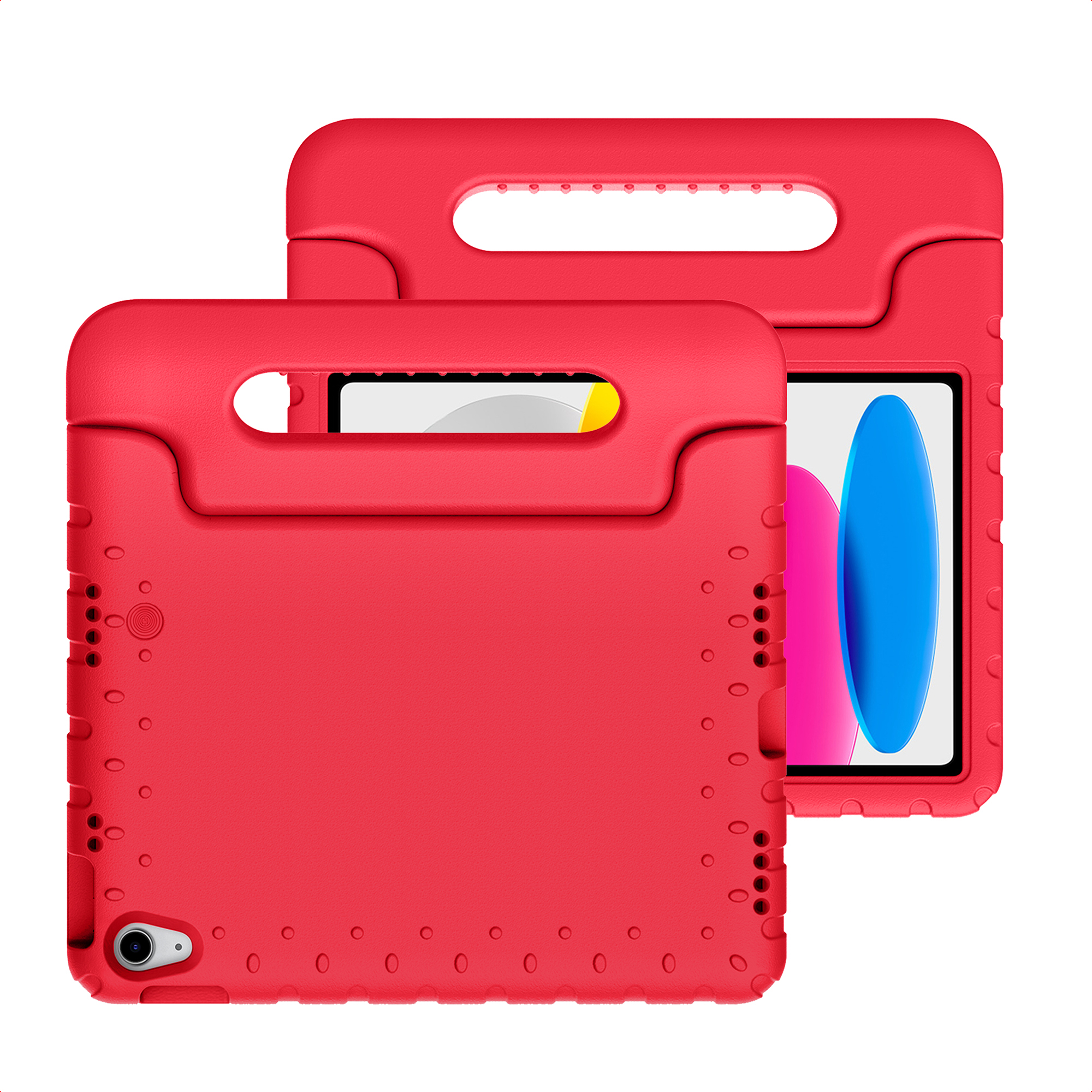 Deux étuis rouges pour tablette avec poignées, dont un montrant une tablette.