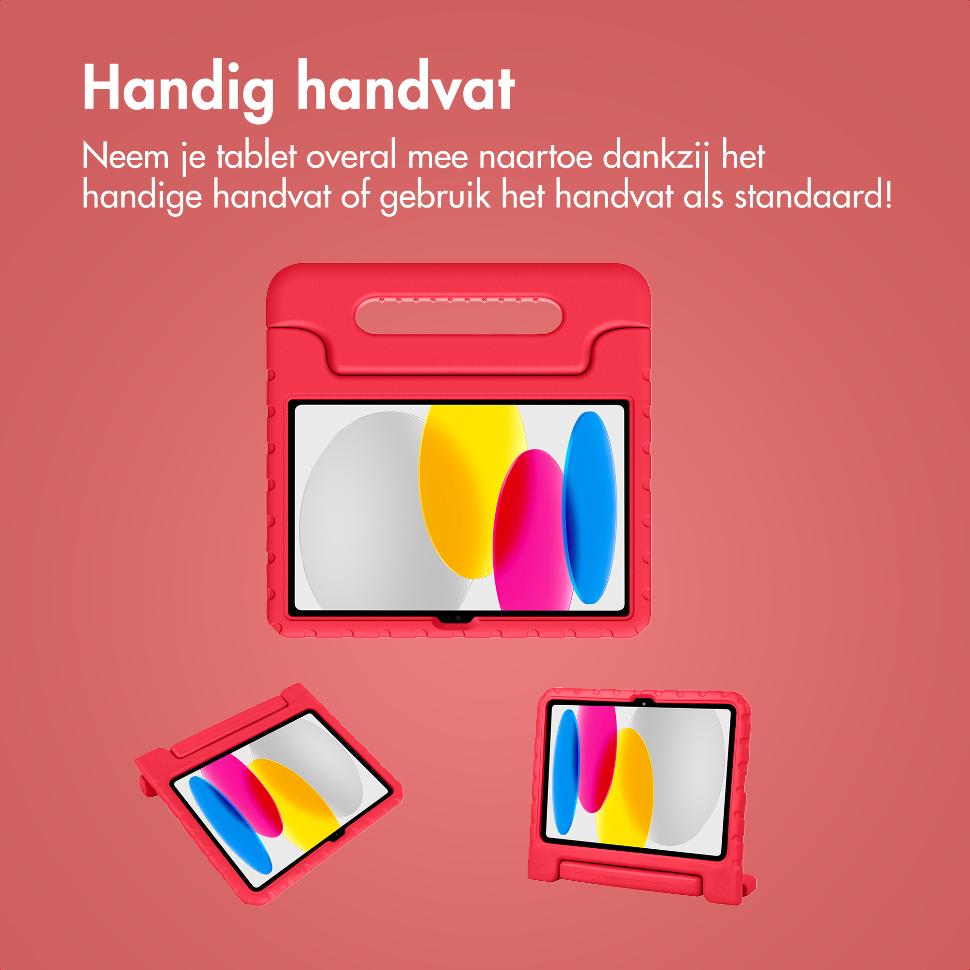 Étuis rouges pour tablette avec poignées et supports sur fond corail.