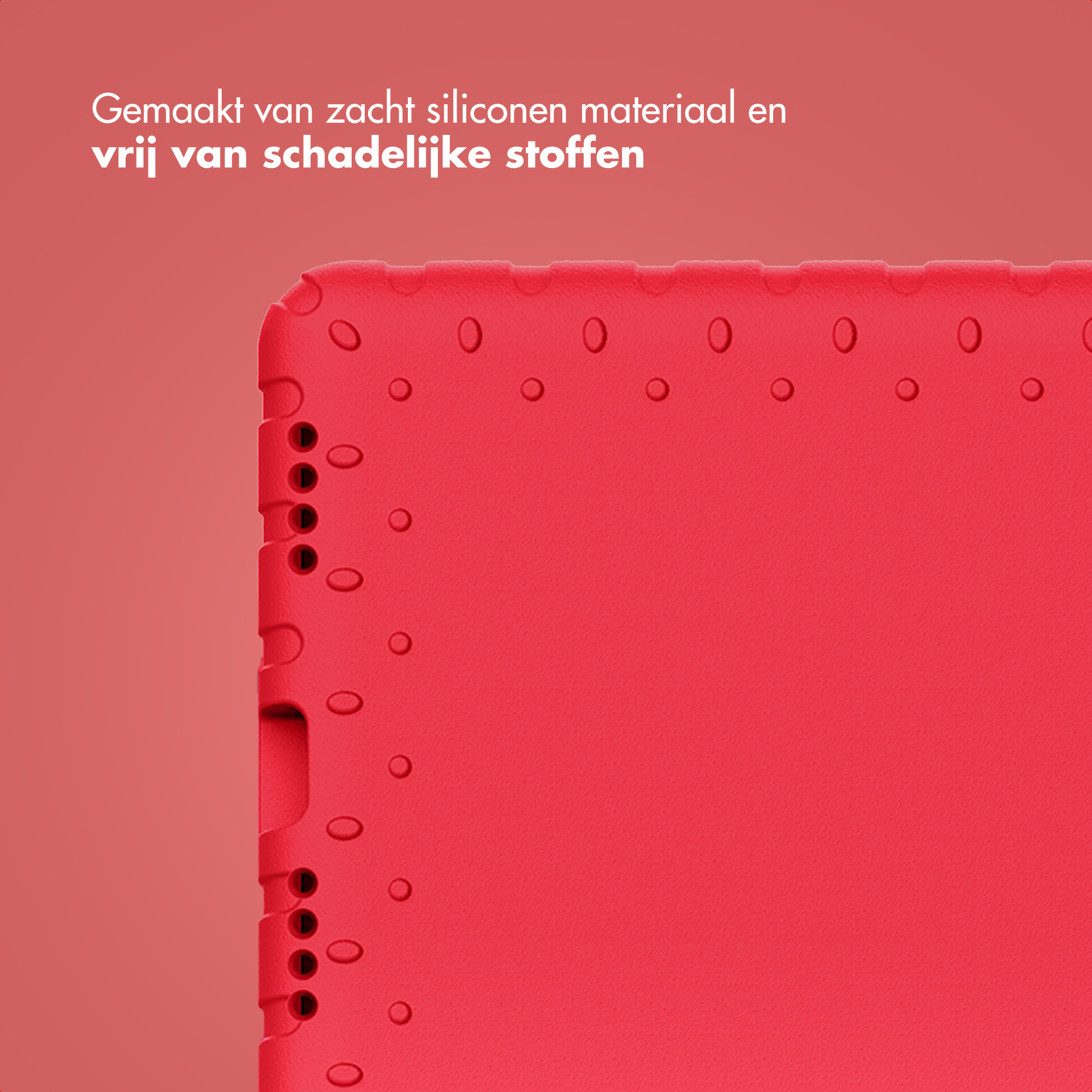 Étui rouge en silicone avec petits cercles et texte en arrière-plan.