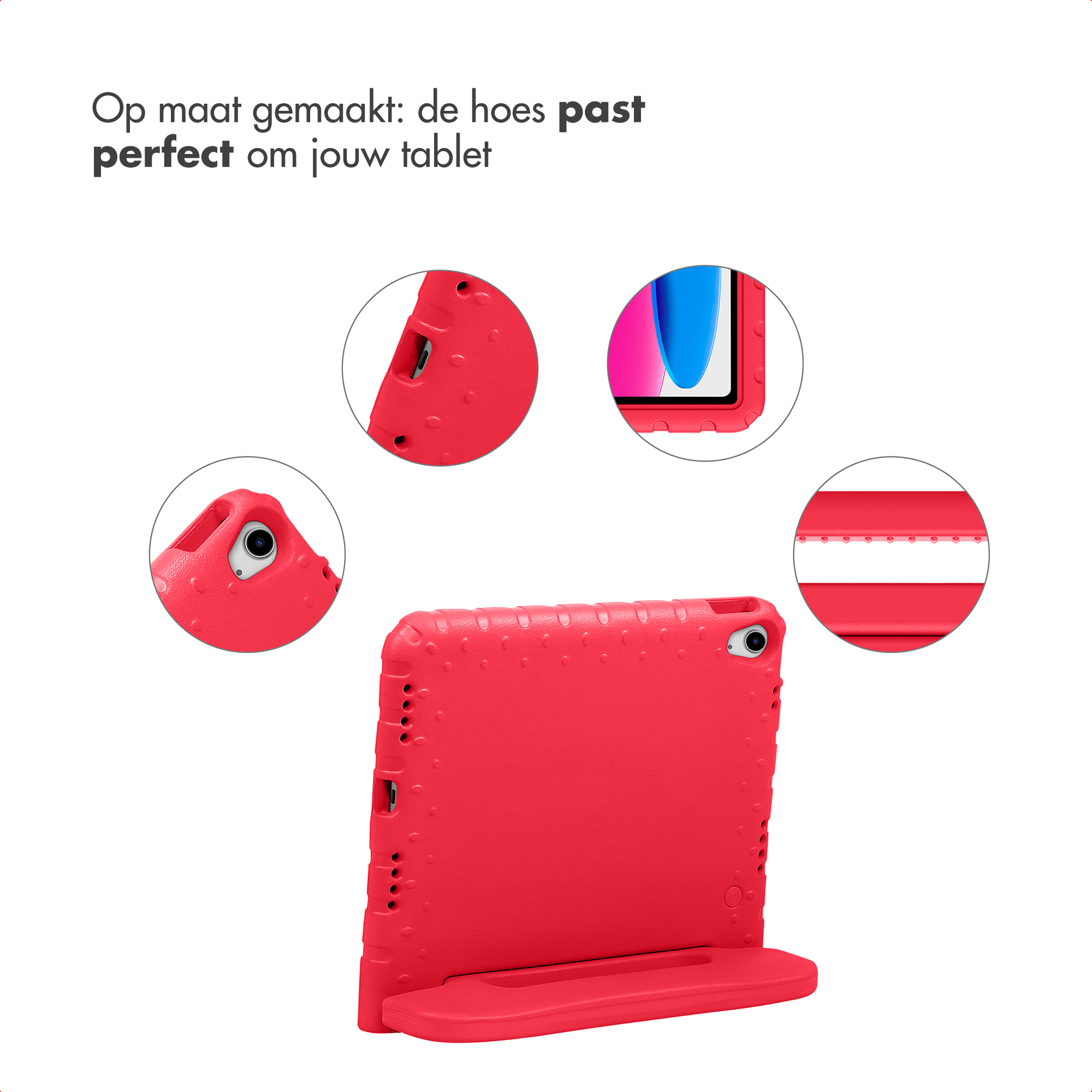 Étui rouge pour tablette avec support, vue caméra, ports et haut-parleur.