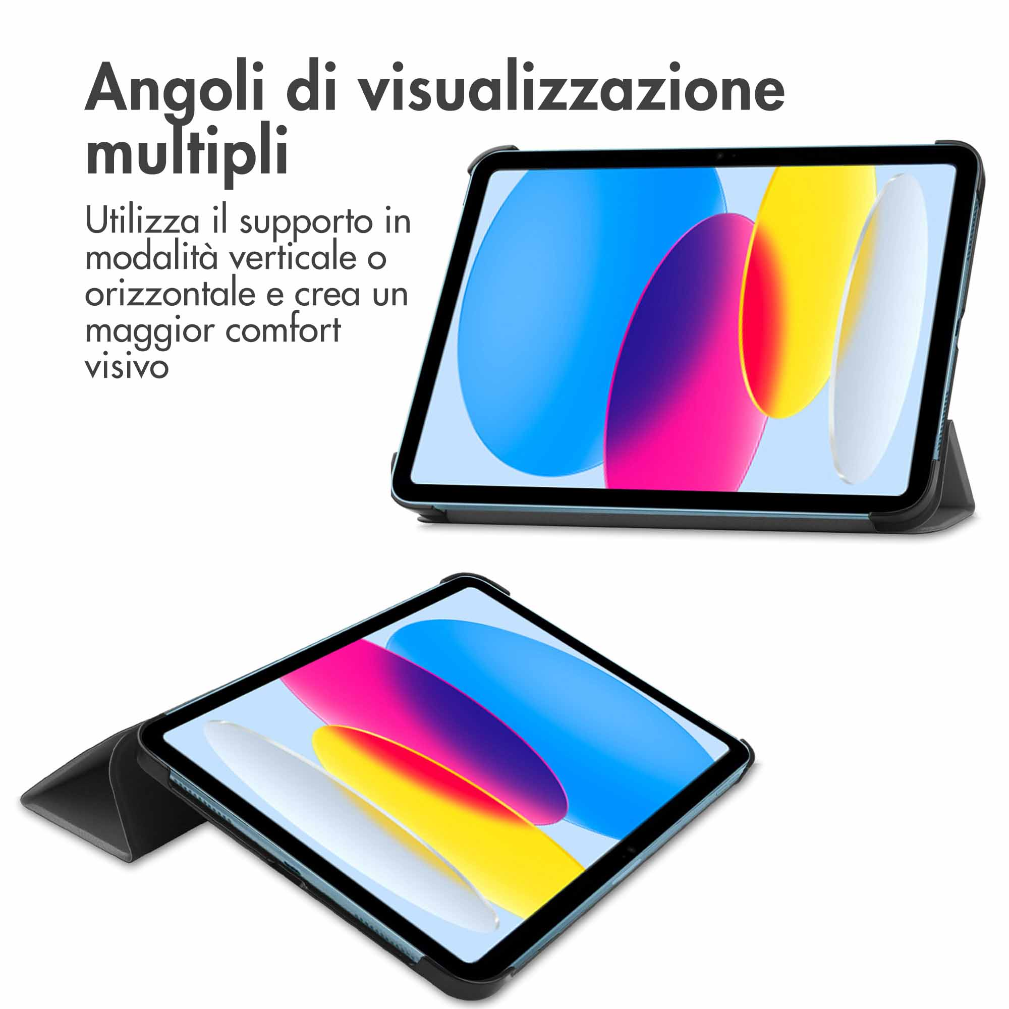 Een tablet in een hoes getoond in twee weergaven, die verticale en horizontale modi demonstreren.