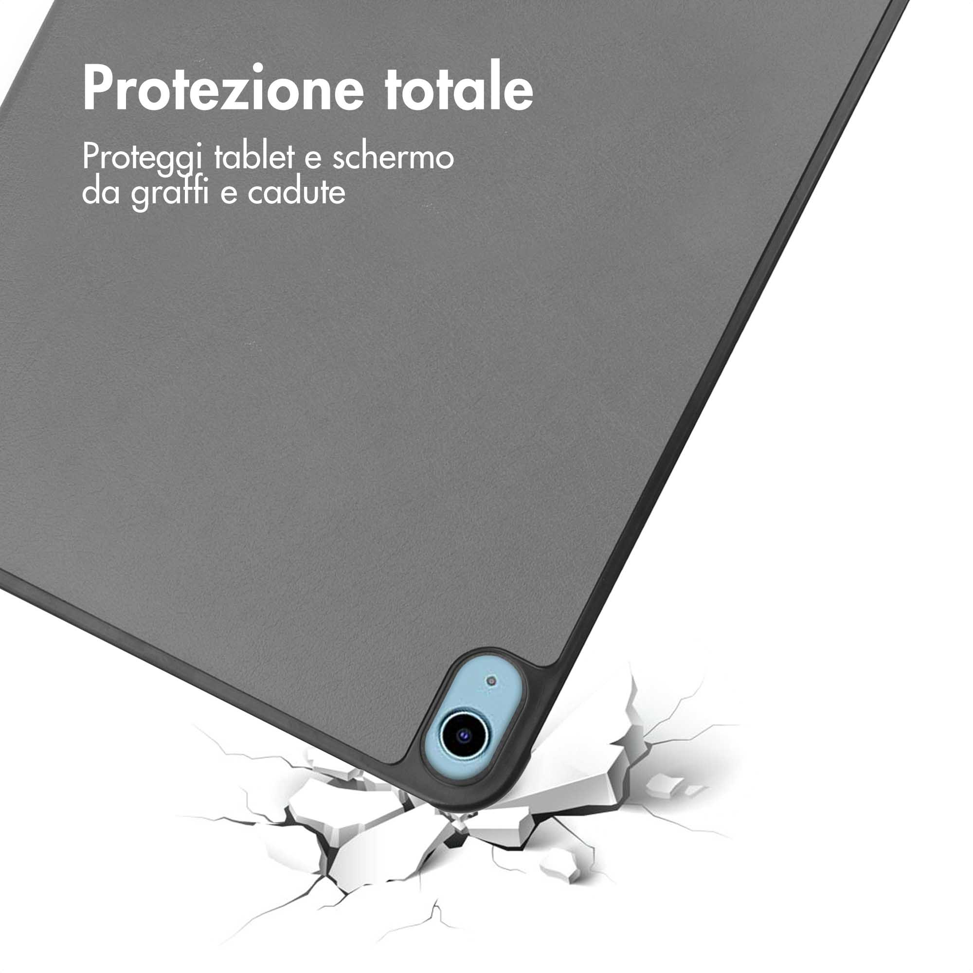 Grijze tablethoes valt op wit oppervlak dat barst. Cameragedeelte zichtbaar.