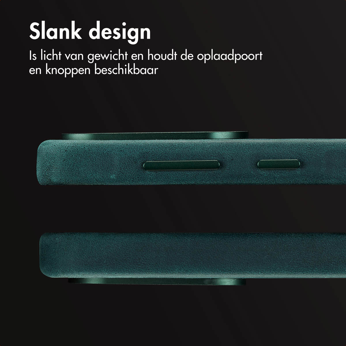 Gros plan d'une coque de téléphone bleu sarcelle, montrant les boutons latéraux et le port de charge.