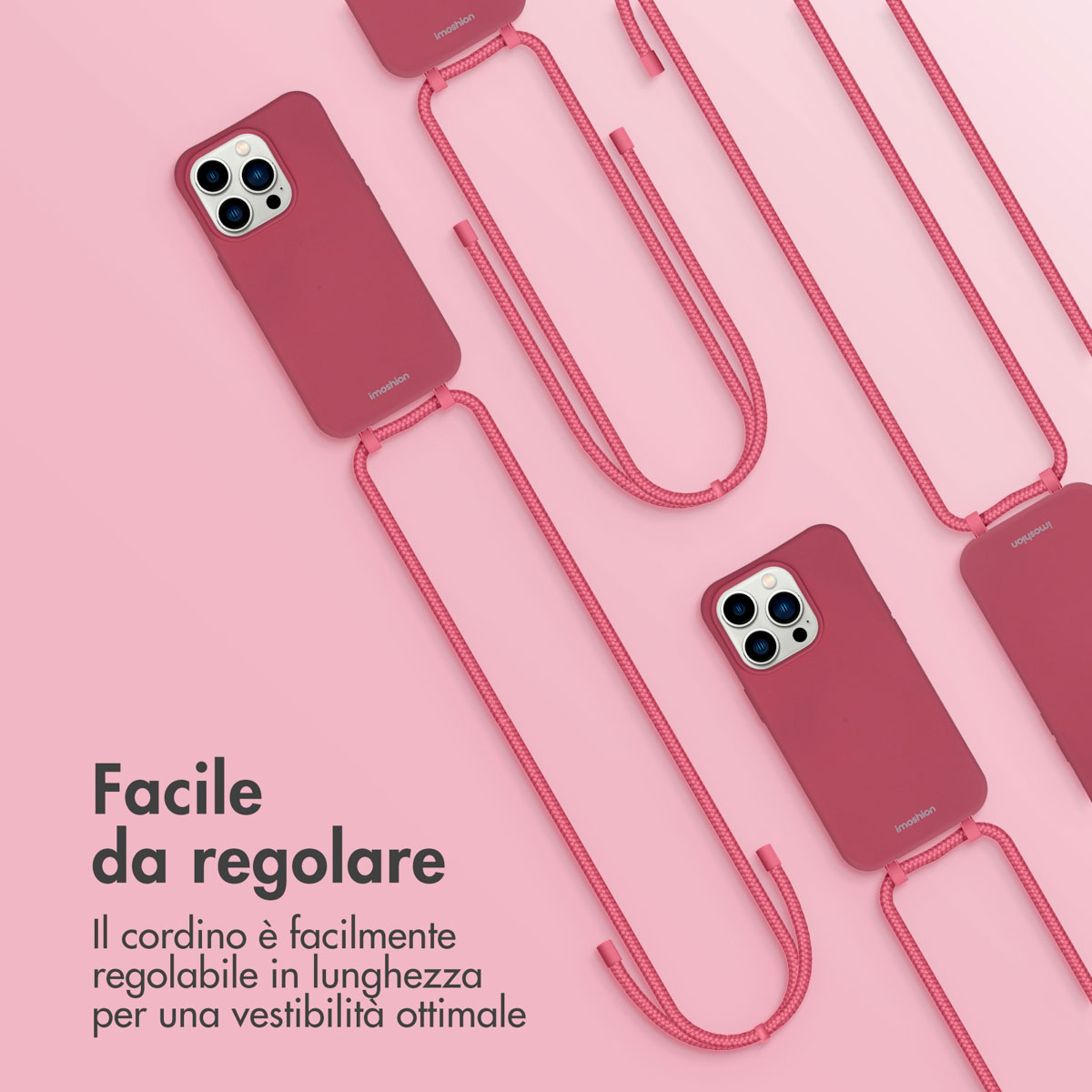 Plusieurs coques de téléphone roses avec cordons sur fond rose.