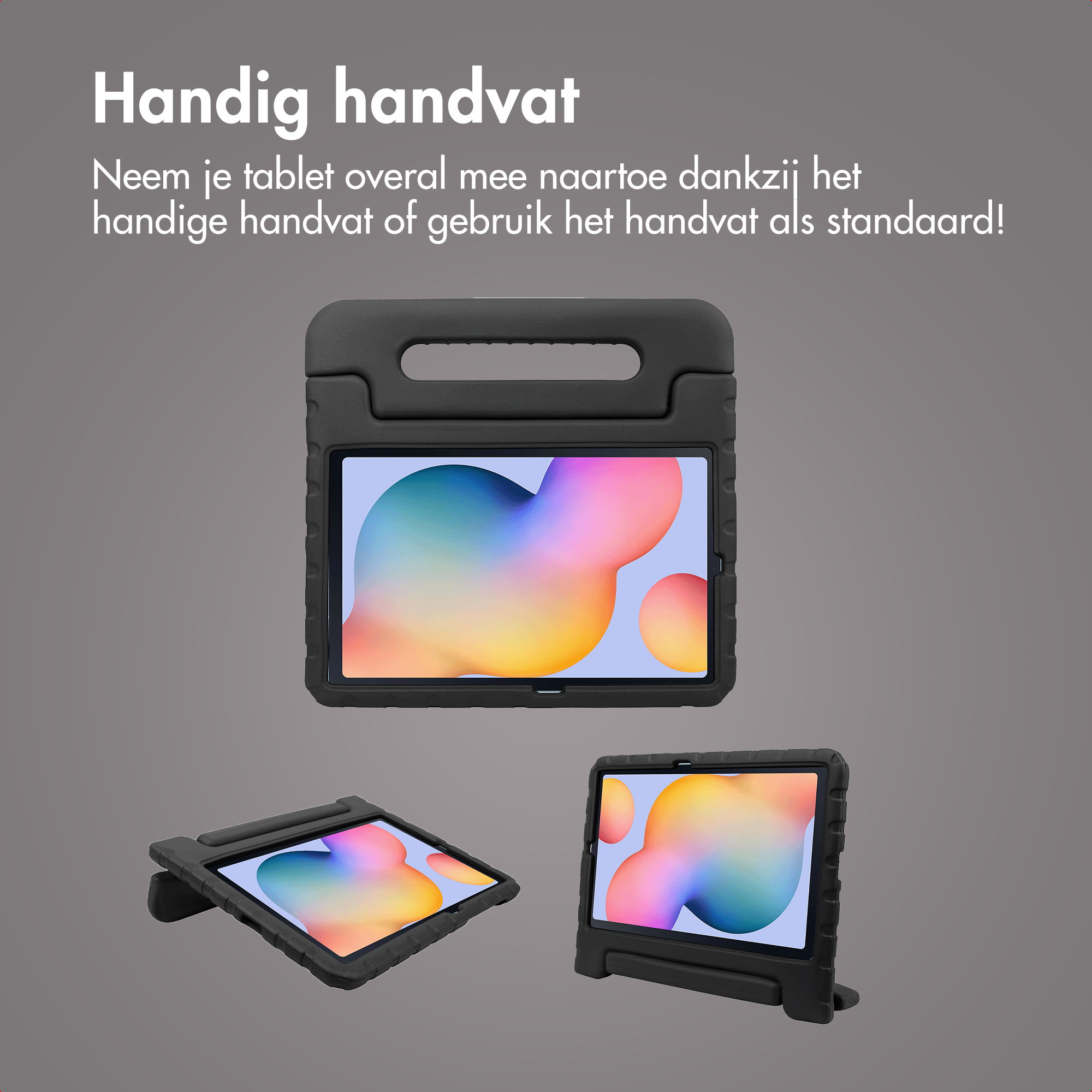 Zwarte tablethoes met handvat en standaard. Toont drie weergaven.