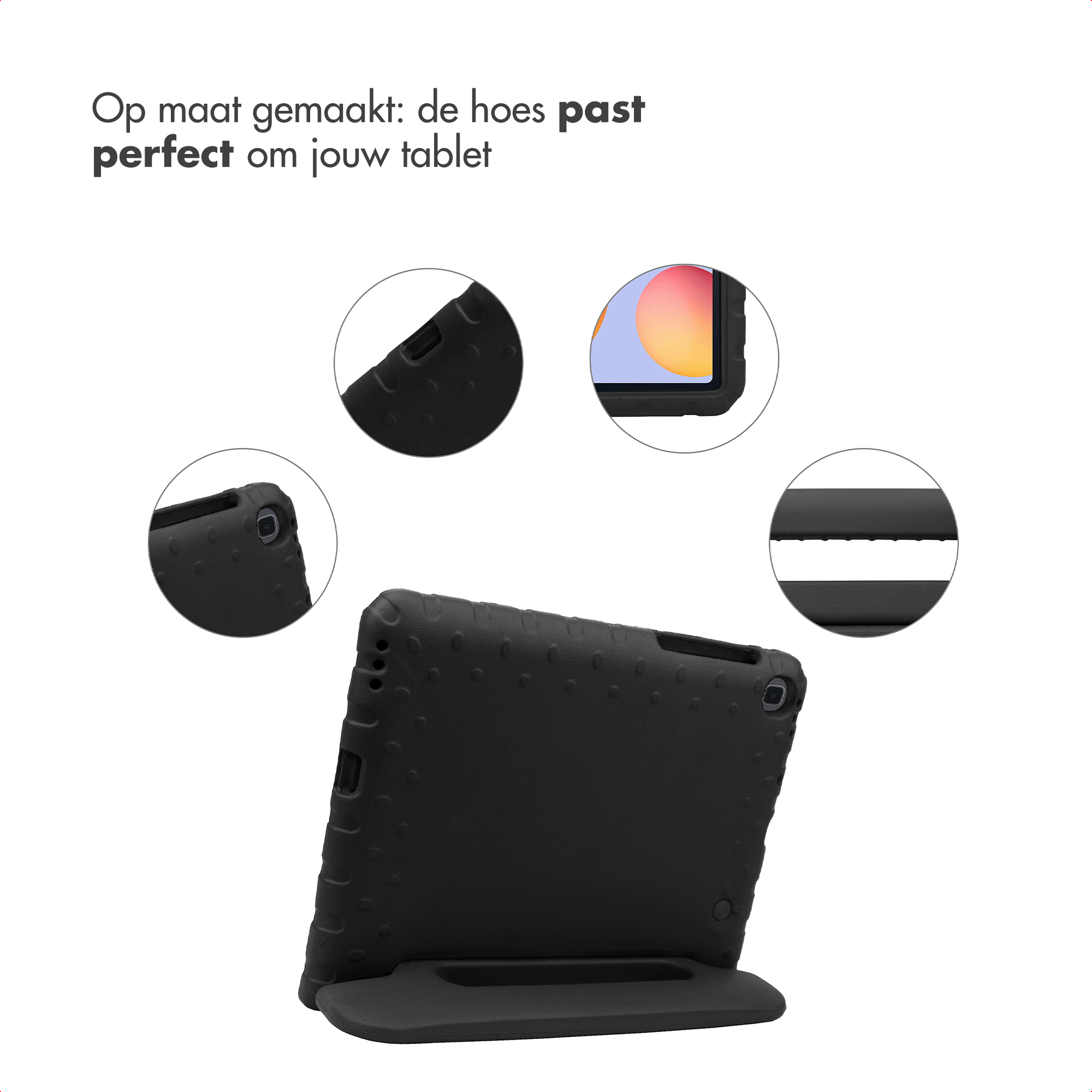Zwarte tablethoes met verhoogde noppen, standaard, uitsparingen en tabletdisplay.