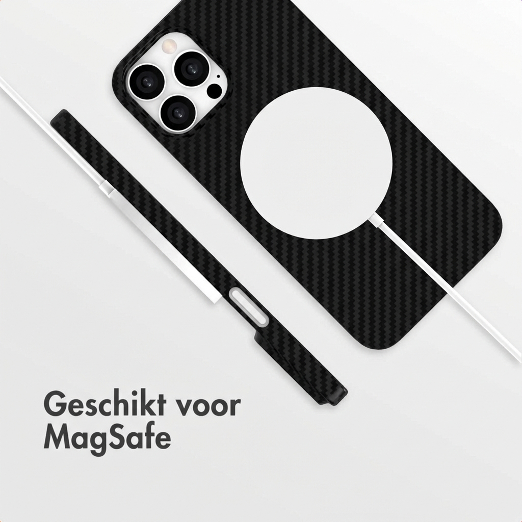 Custodia nera con motivo carbonio e cerchio MagSafe.