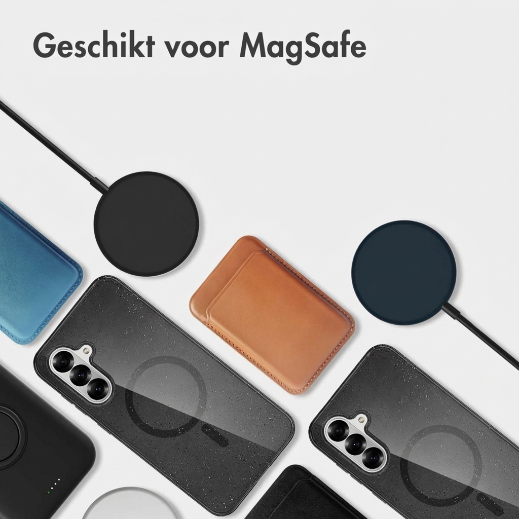 Meerdere telefoonhoesjes en MagSafe-opladers op witte achtergrond.