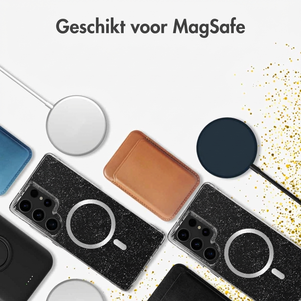 Divers étuis de téléphone et chargeurs MagSafe sur fond blanc avec paillettes dorées.