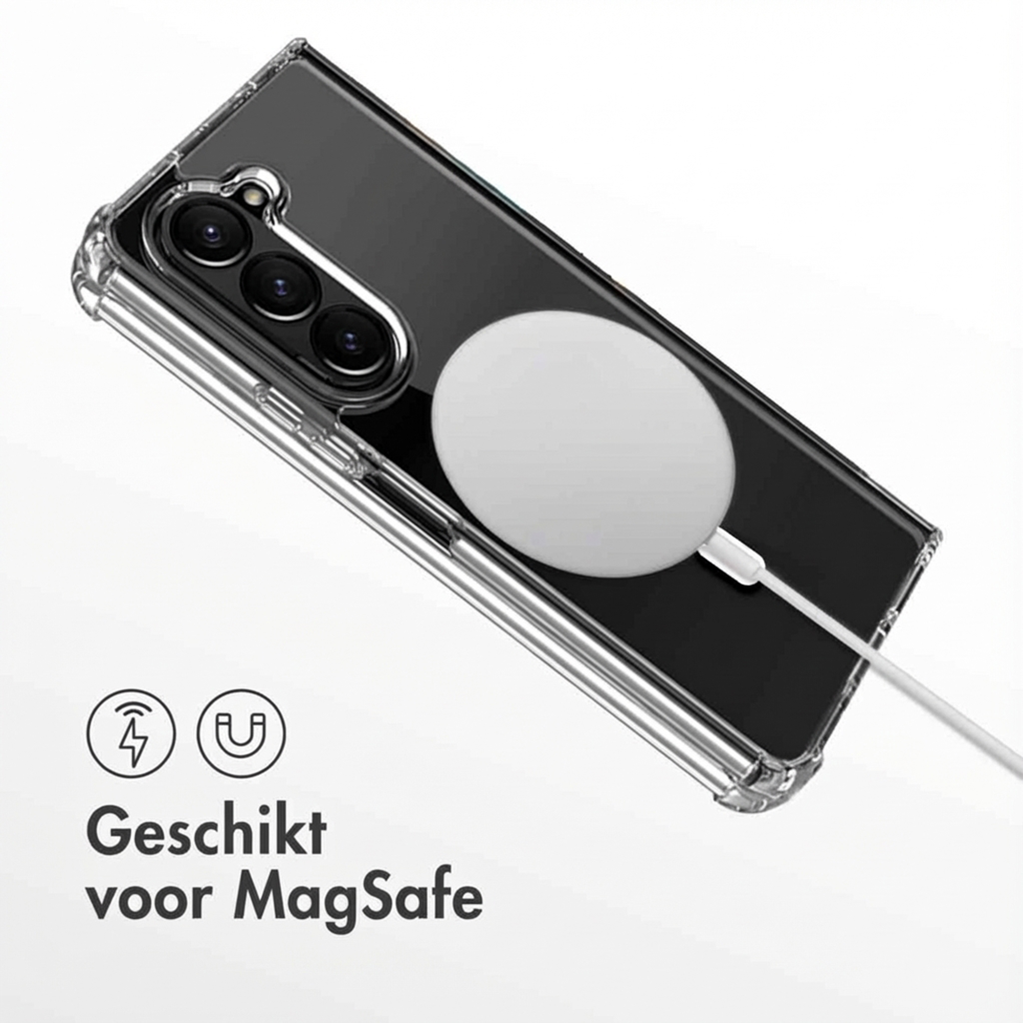 Custodia trasparente per telefono con caricabatterie e cavo MagSafe, con icone.