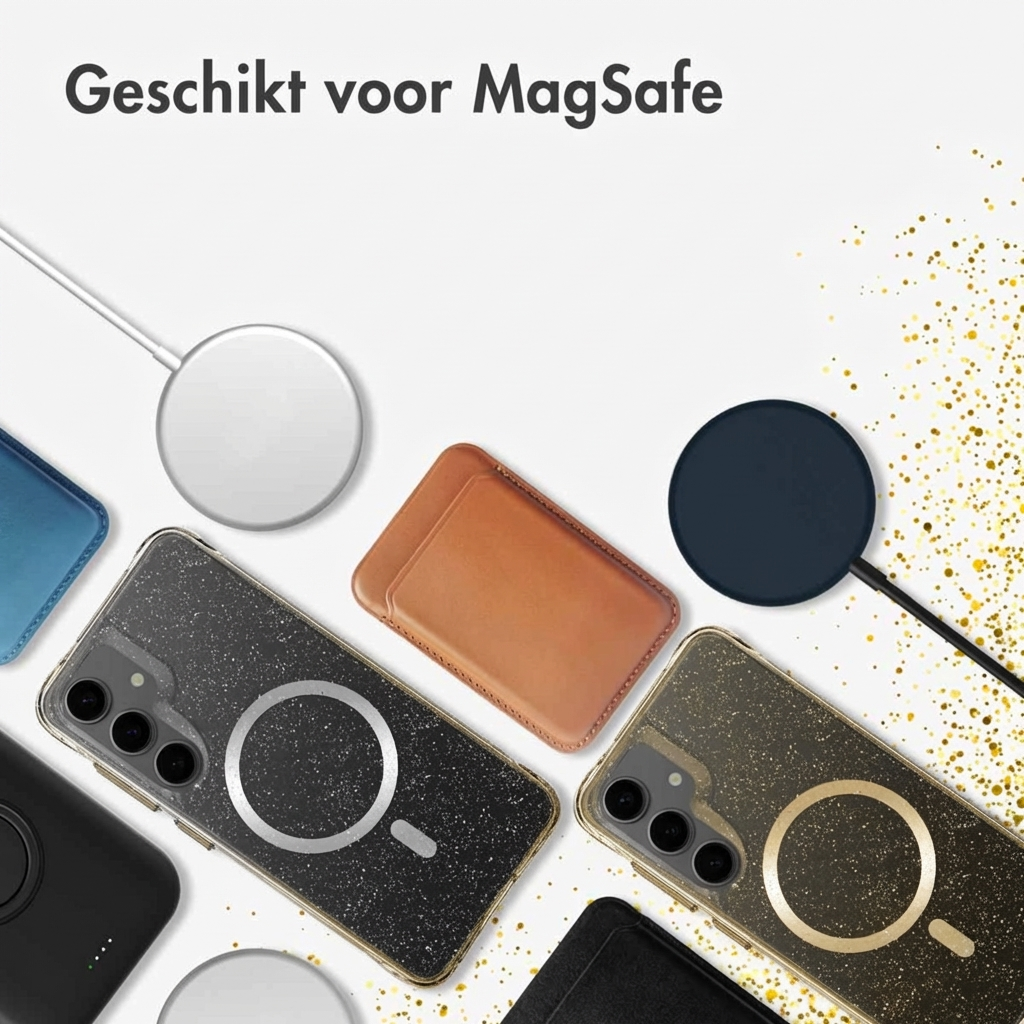 Varie custodie per telefono e caricabatterie compatibili MagSafe su sfondo bianco.