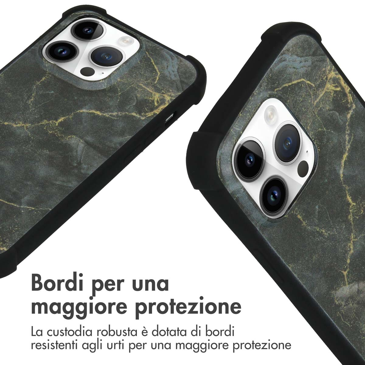 Twee zwarte telefoonhoesjes met marmerpatroon en camera-uitsparing op witte achtergrond.