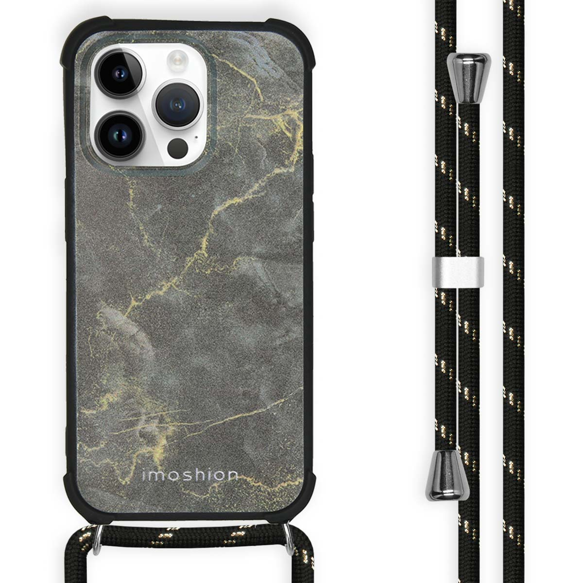 Grijze telefoonhoes met marmerpatroon en gouden aders, met zwart koord.