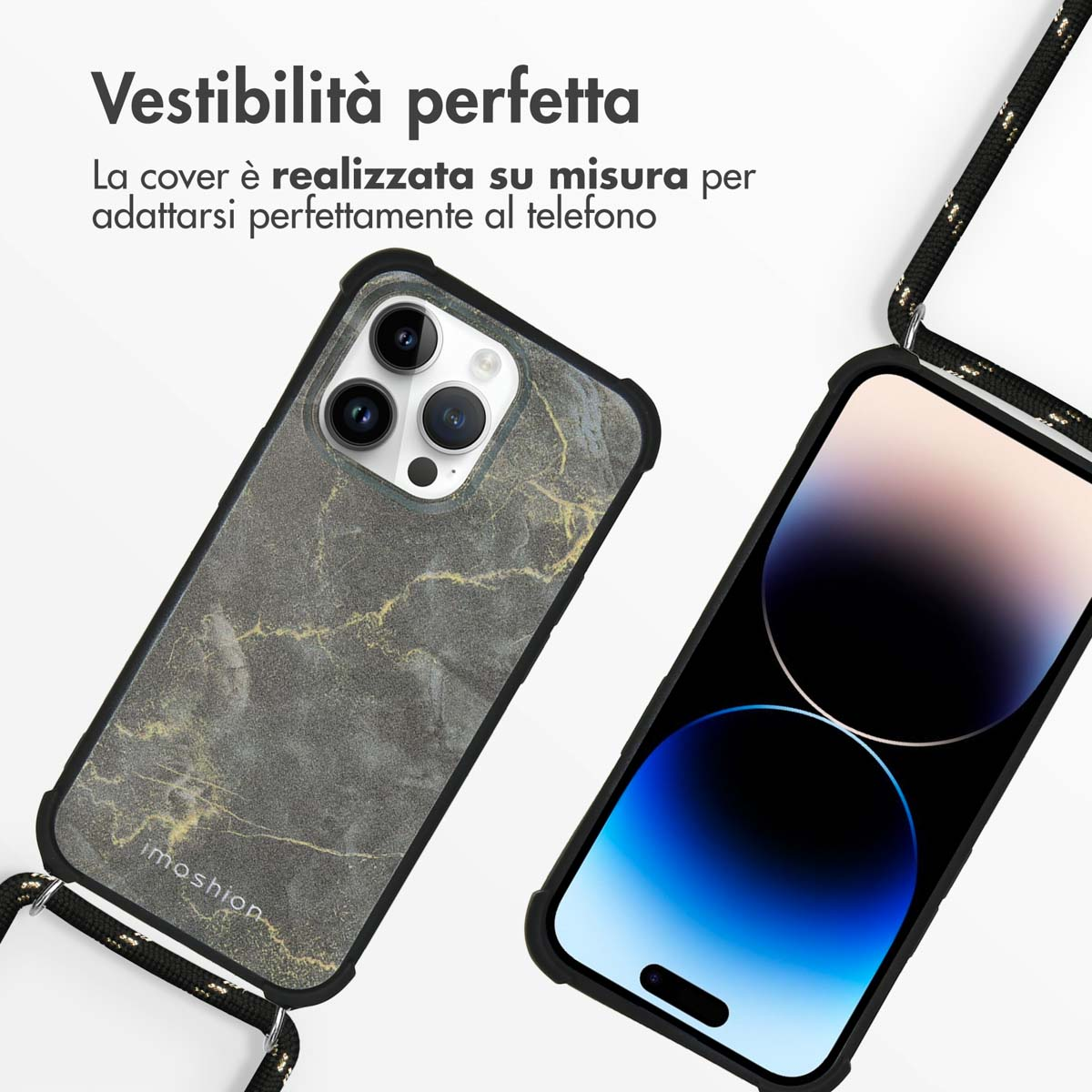 Grijze marmeren telefoonhoes met gouden aders en ernaast een zwarte riem.