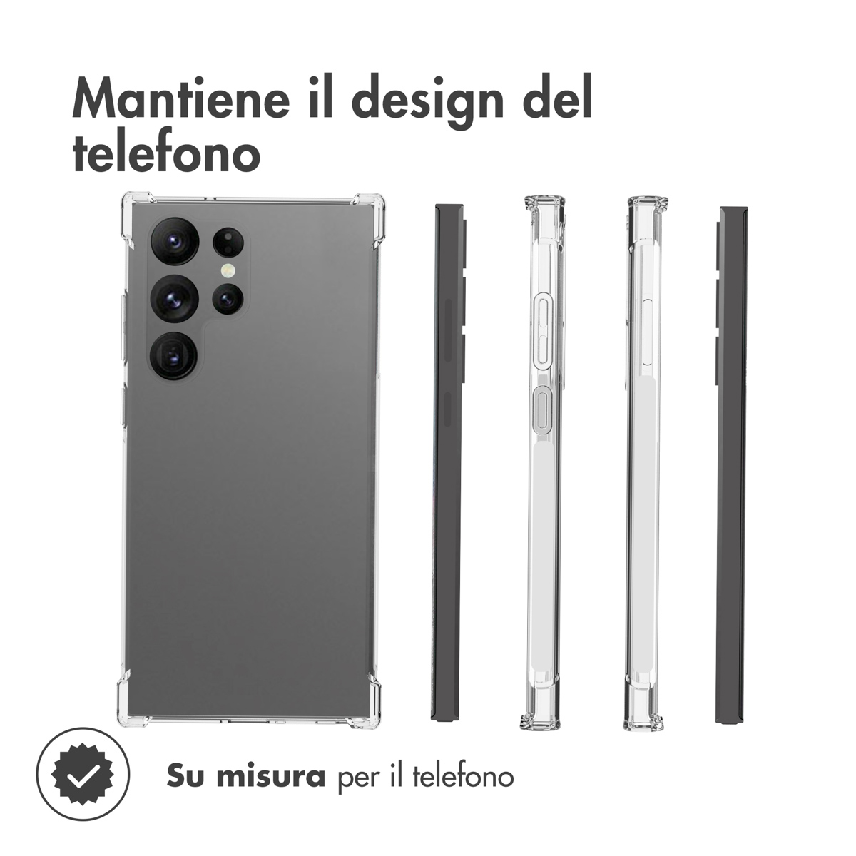 Un telefono in custodia trasparente con viste laterali di custodie.