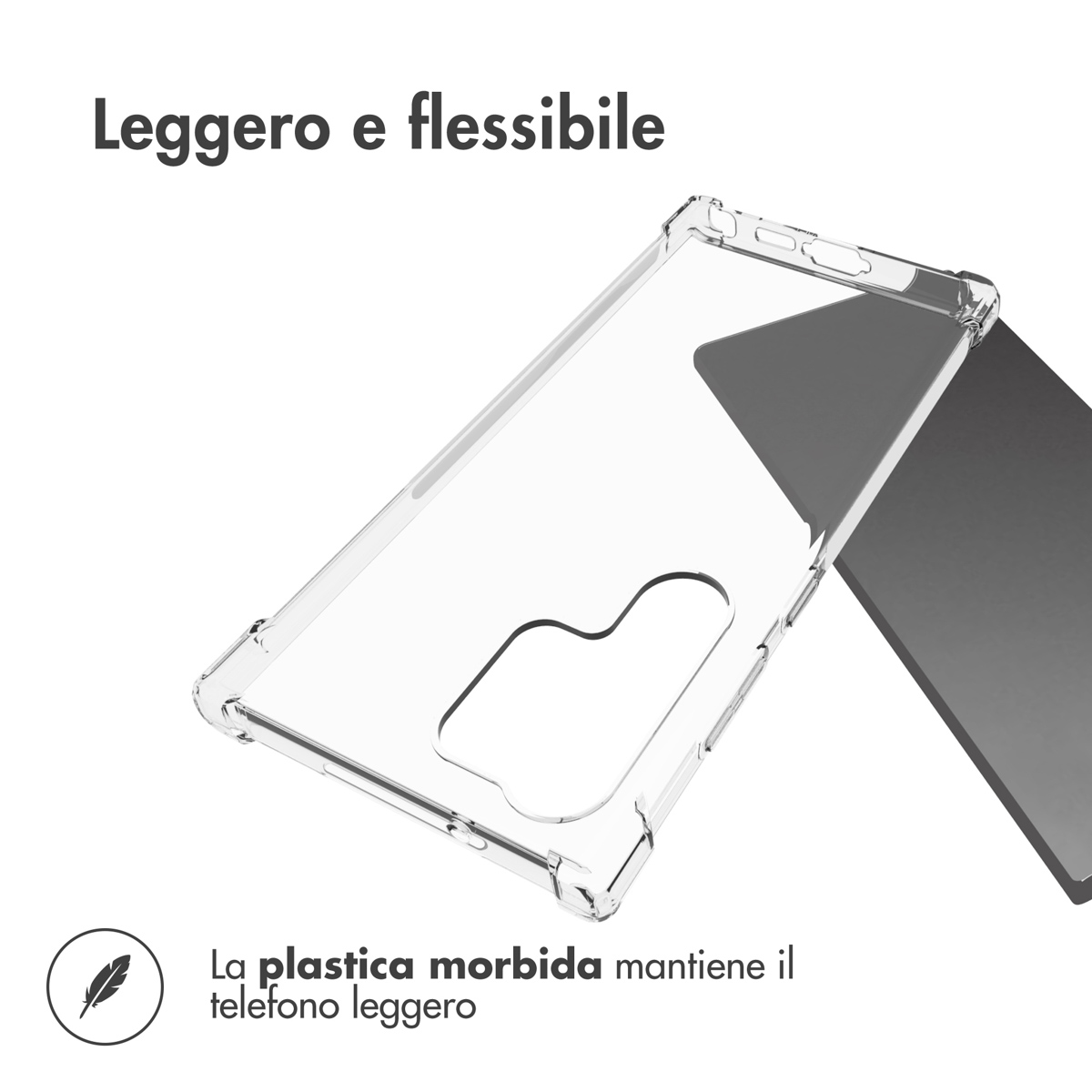 Custodia trasparente su sfondo grigio. Leggera e flessibile.