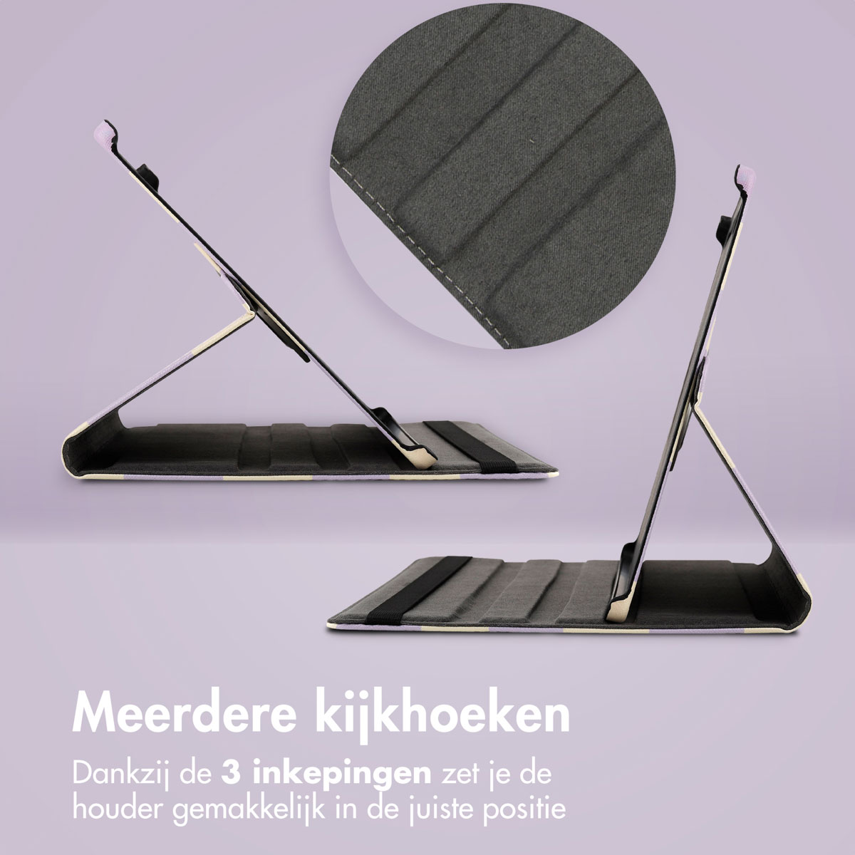 Grijze tablethouder in twee weergaven, met close-up van de groeven.