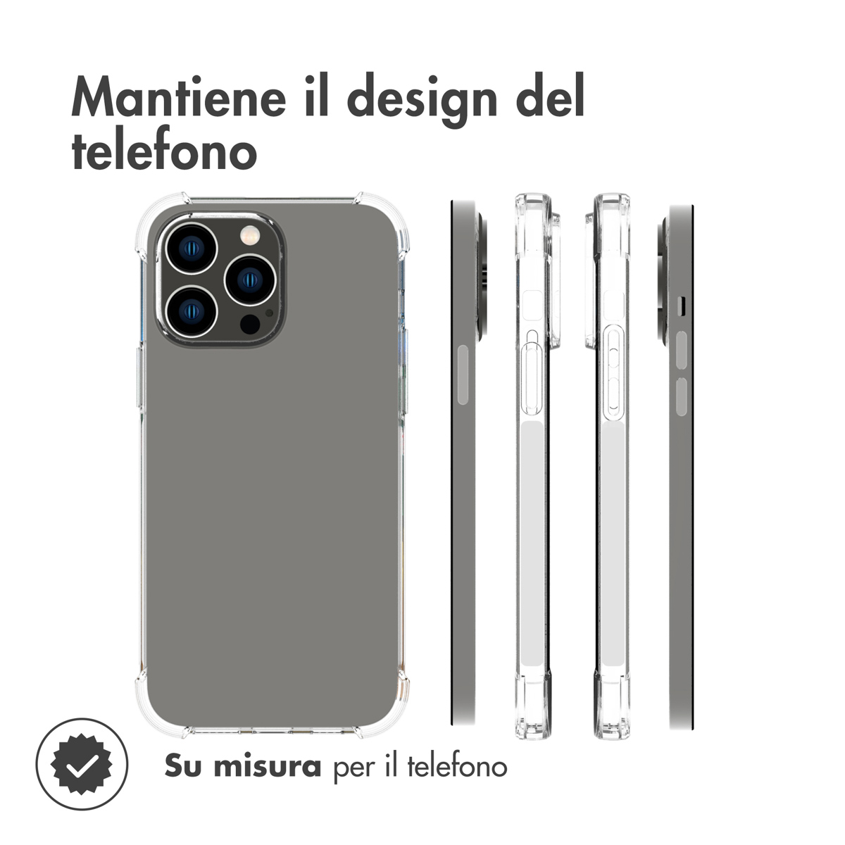 Custodia trasparente per telefono mostra il telefono, viste laterali con pulsanti.