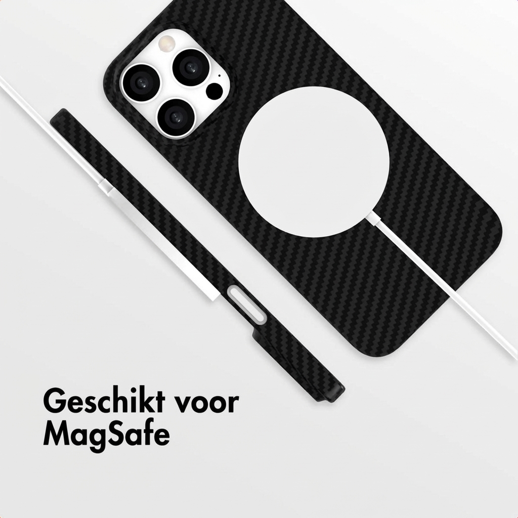 Zwarte telefoonhoes met koolstofpatroon, MagSafe-cirkel en kabel