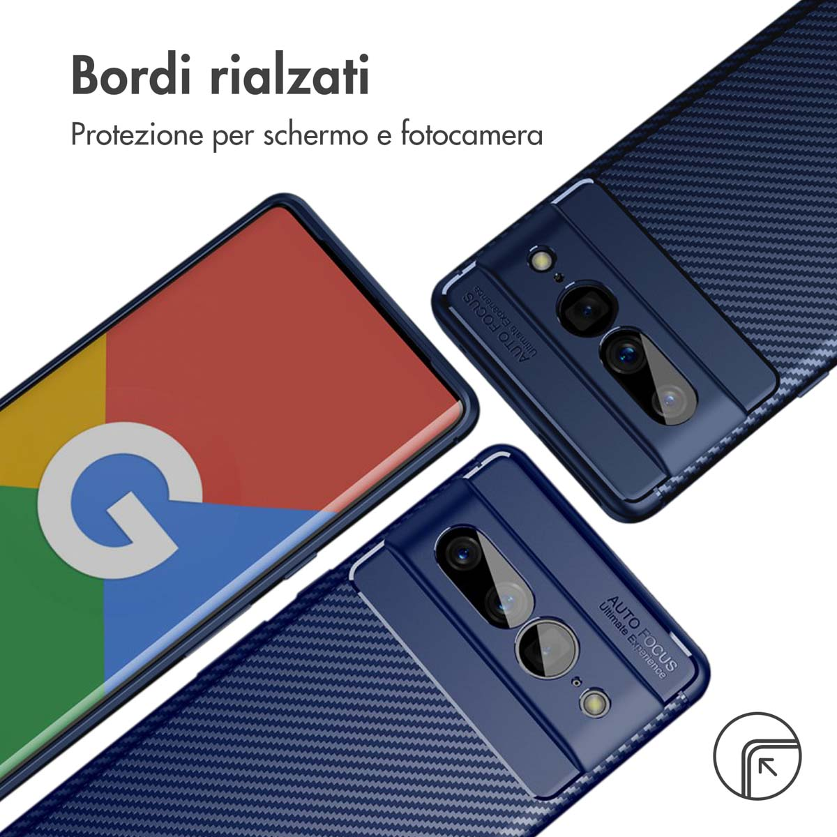 Ein Smartphone mit Google-Logo neben zwei blauen Handyhüllen mit Karbonmuster.