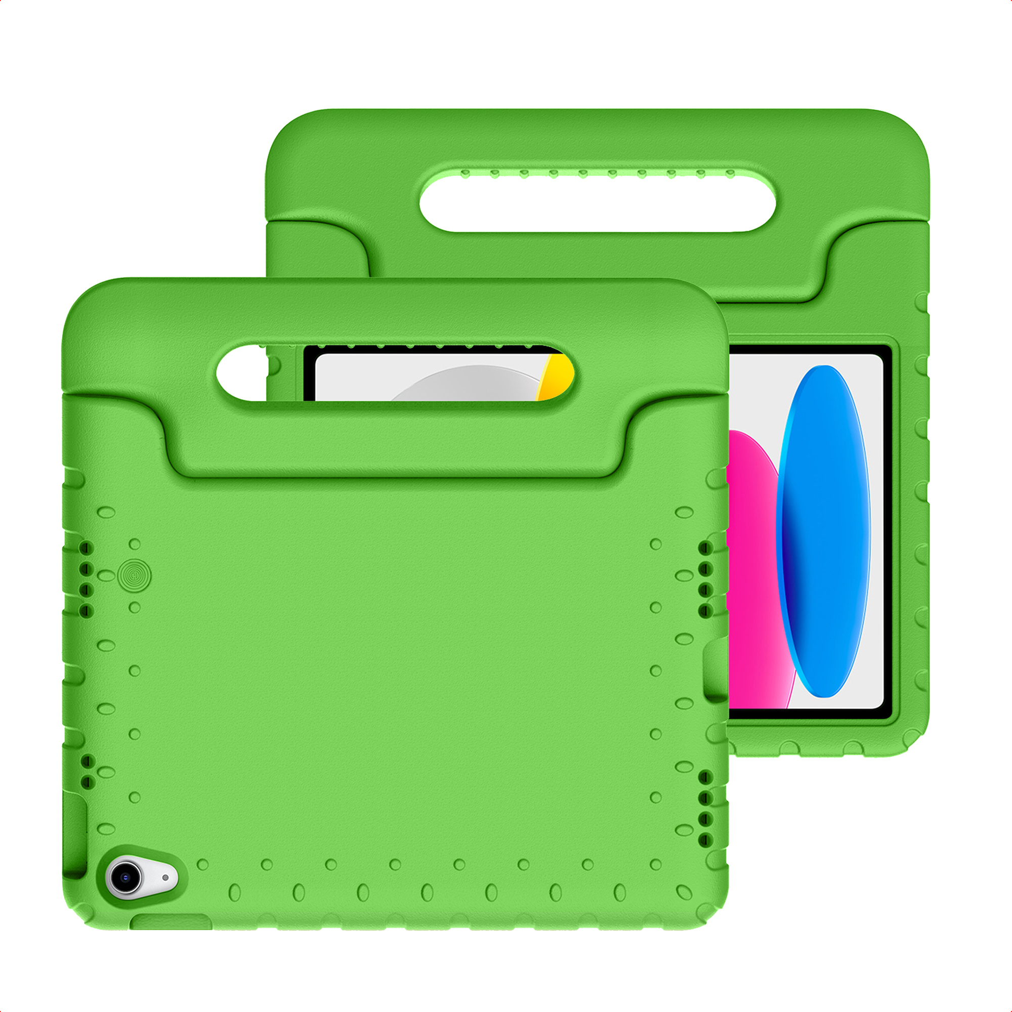 Twee groene tablet hoesjes met handvatten en beschermend schuimoppervlak.