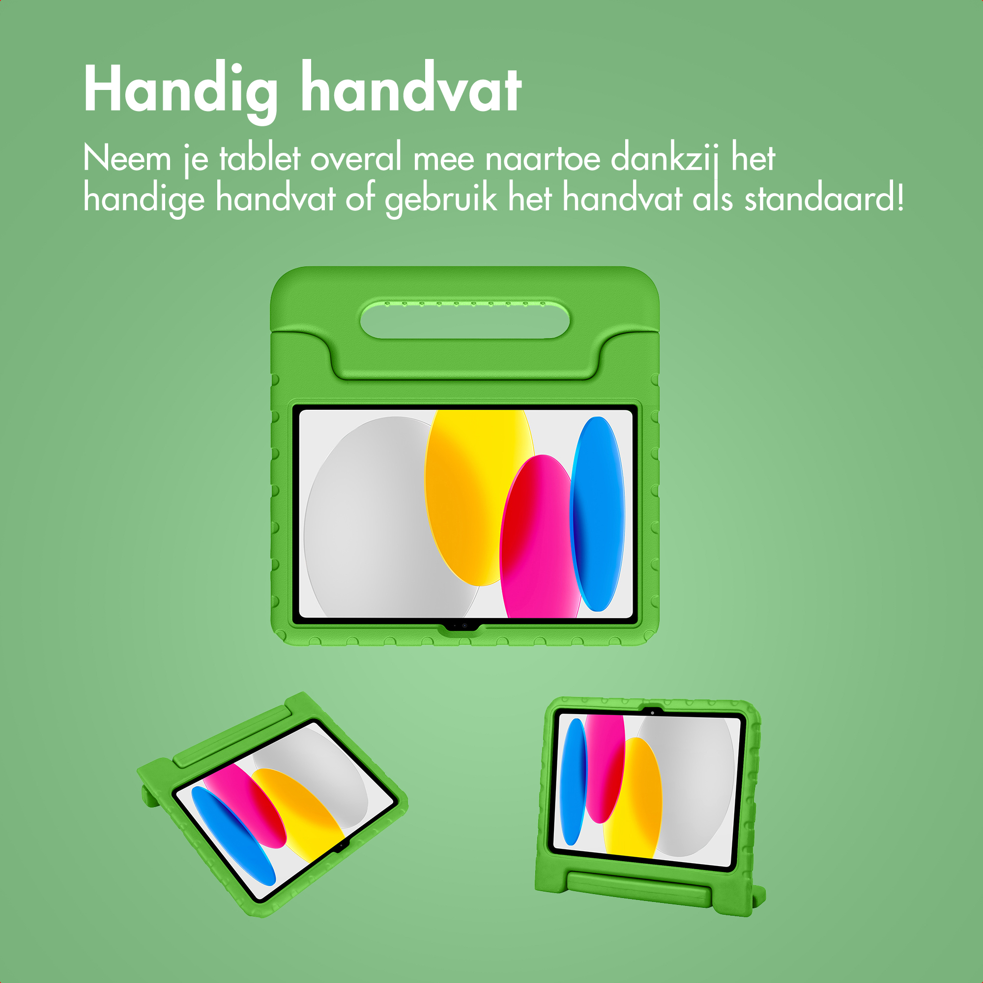 Groene tablethoezen met handvatten en standaards, drie weergaven.