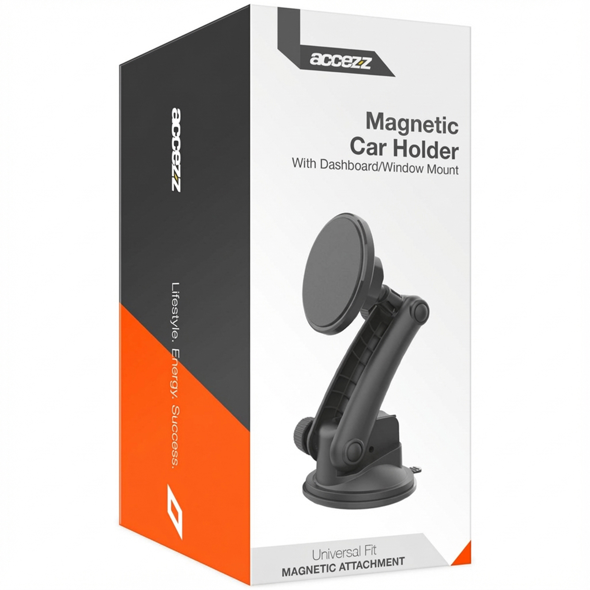 Packaging of a black magnetic car holder with a suction cup base.