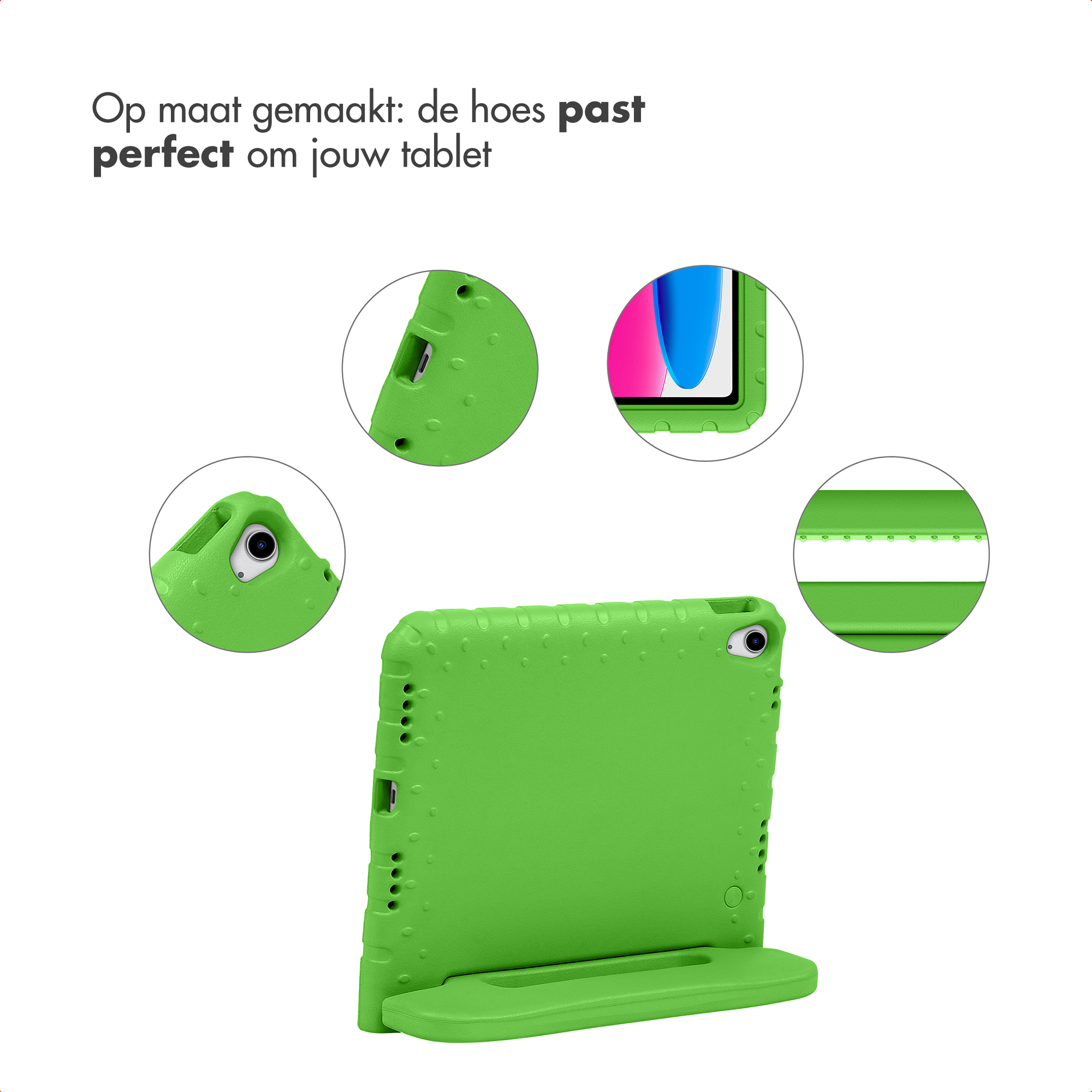 Groene tablethoes met uitsparingen voor poorten, camera en luidsprekers.