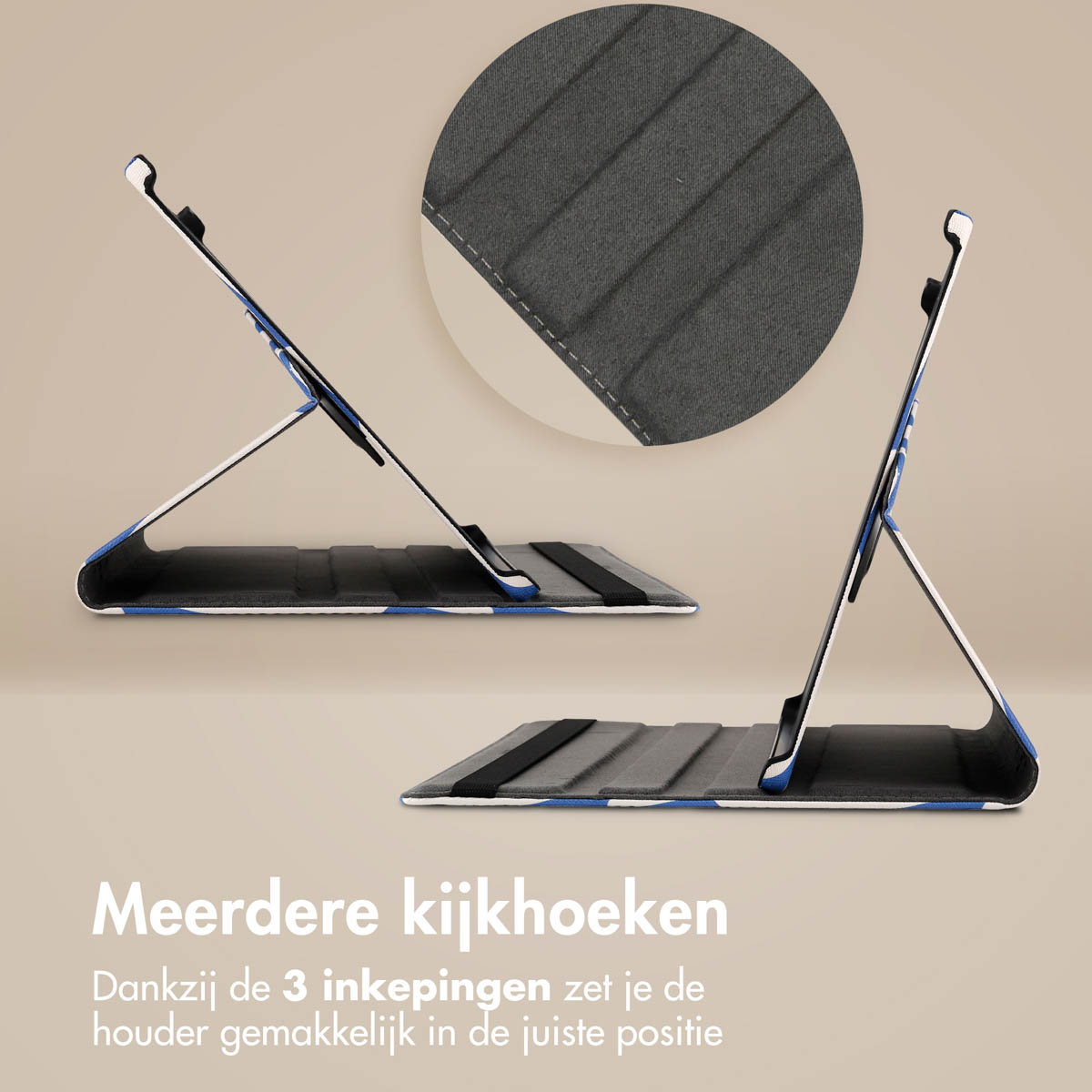 Een grijze en blauwe tablethouder in meerdere standen, met detailweergave.