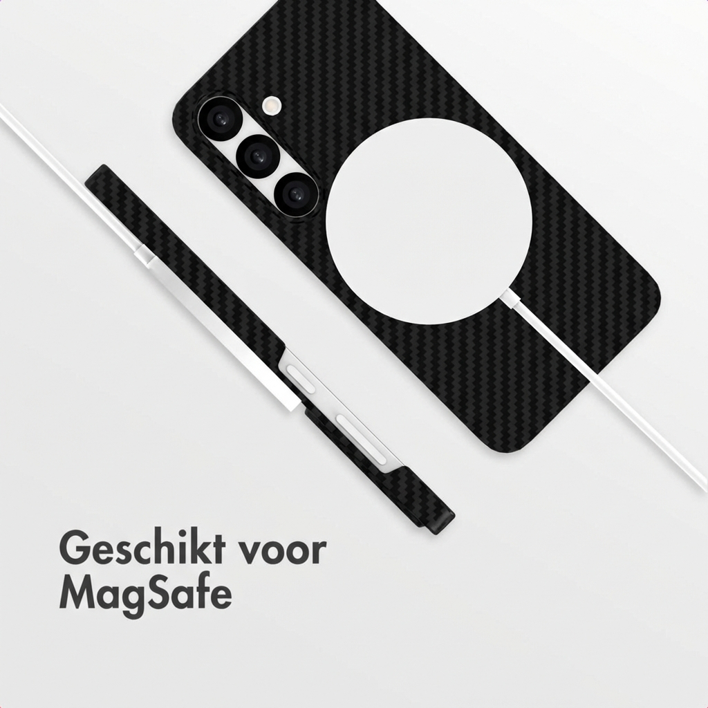 Coque de téléphone noire à motif fibre de carbone et cercle MagSafe.