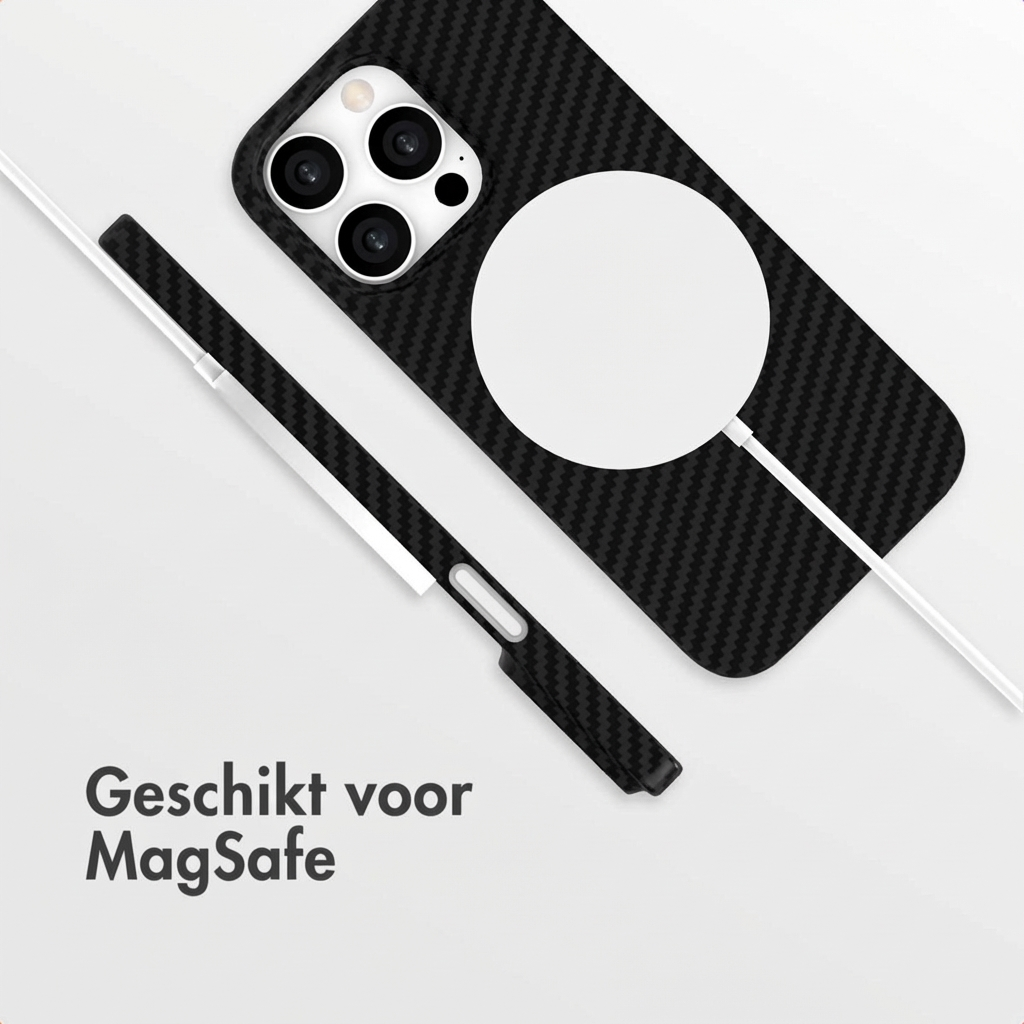Zwarte telefoonhoes met carbon patroon en MagSafe cirkel.