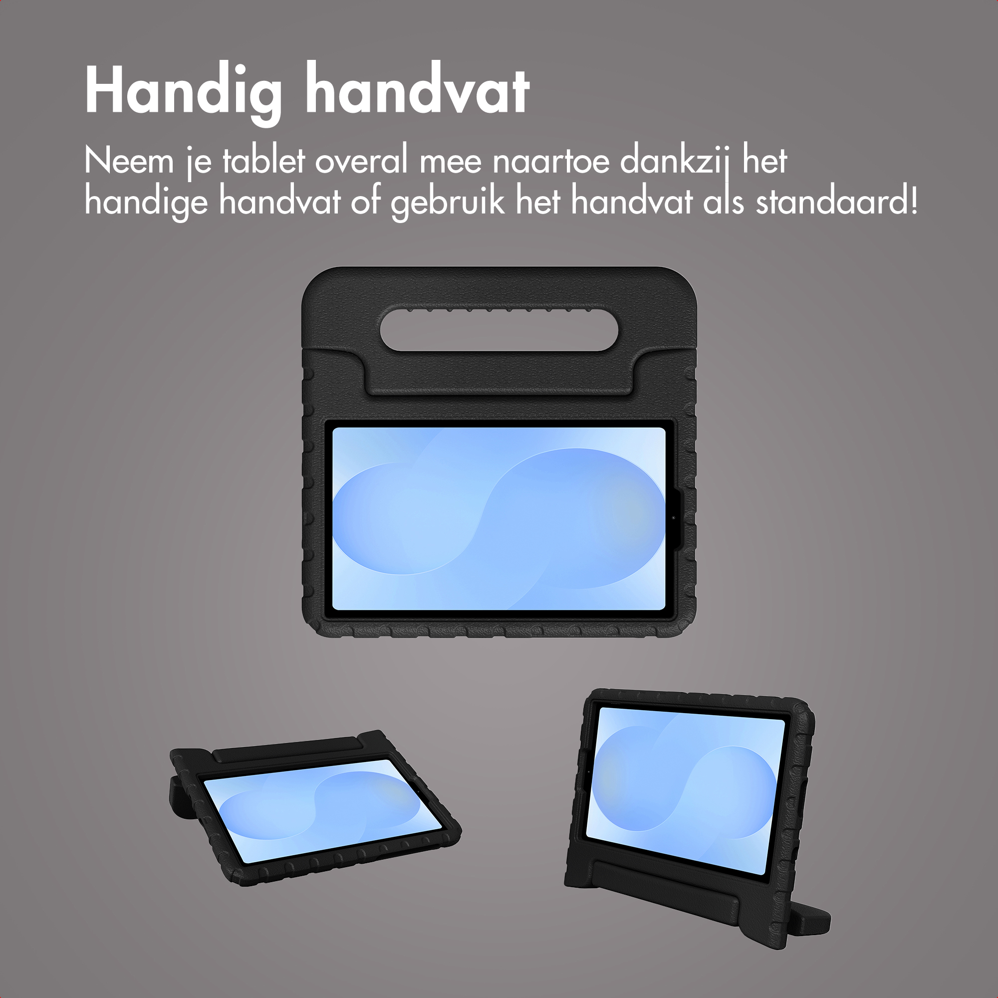 Zwarte tablethoes met handvat en standaard, op grijze achtergrond.