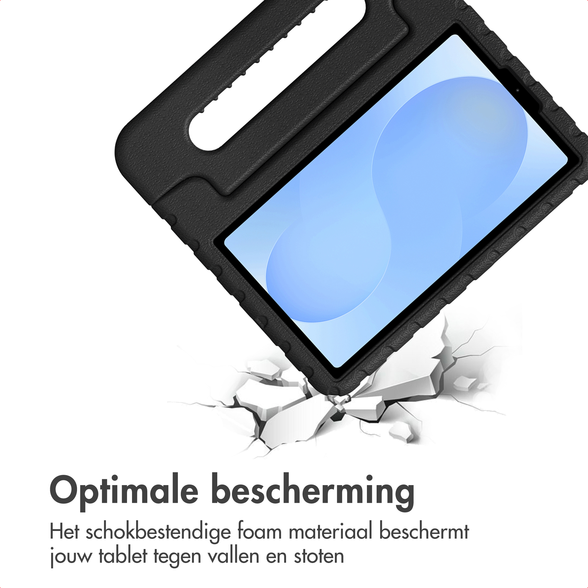 Zwarte tablethoes met handvat, die hem beschermt tegen gebarsten ondergrond.
